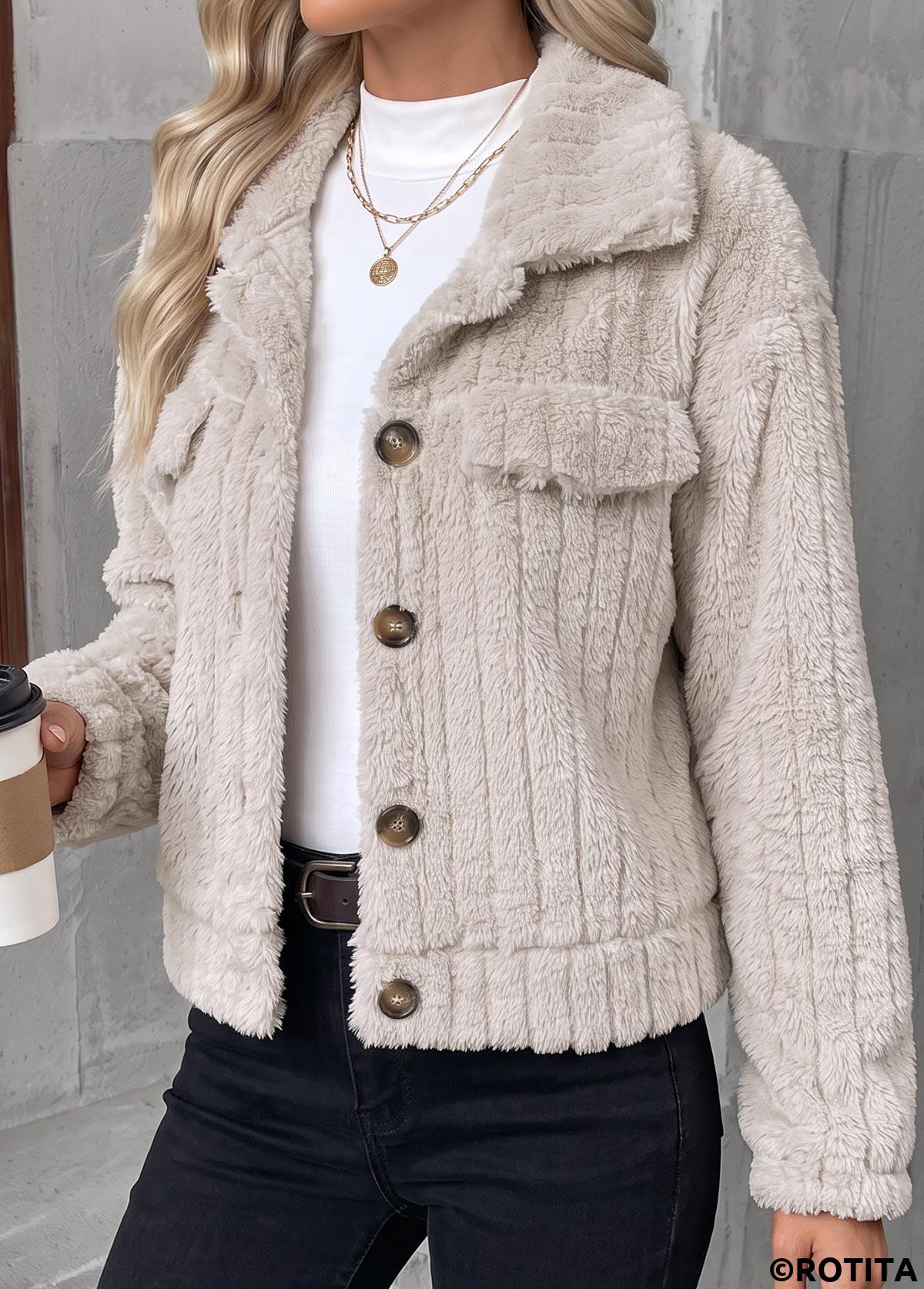 Beige tops,Plain Color tops,Button Beige Turn Down Collar Long Sleeve Coat