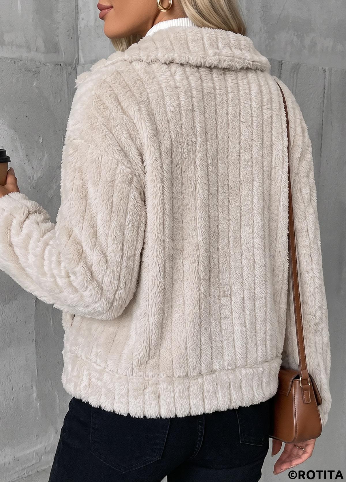 Beige tops,Plain Color tops,Button Beige Turn Down Collar Long Sleeve Coat