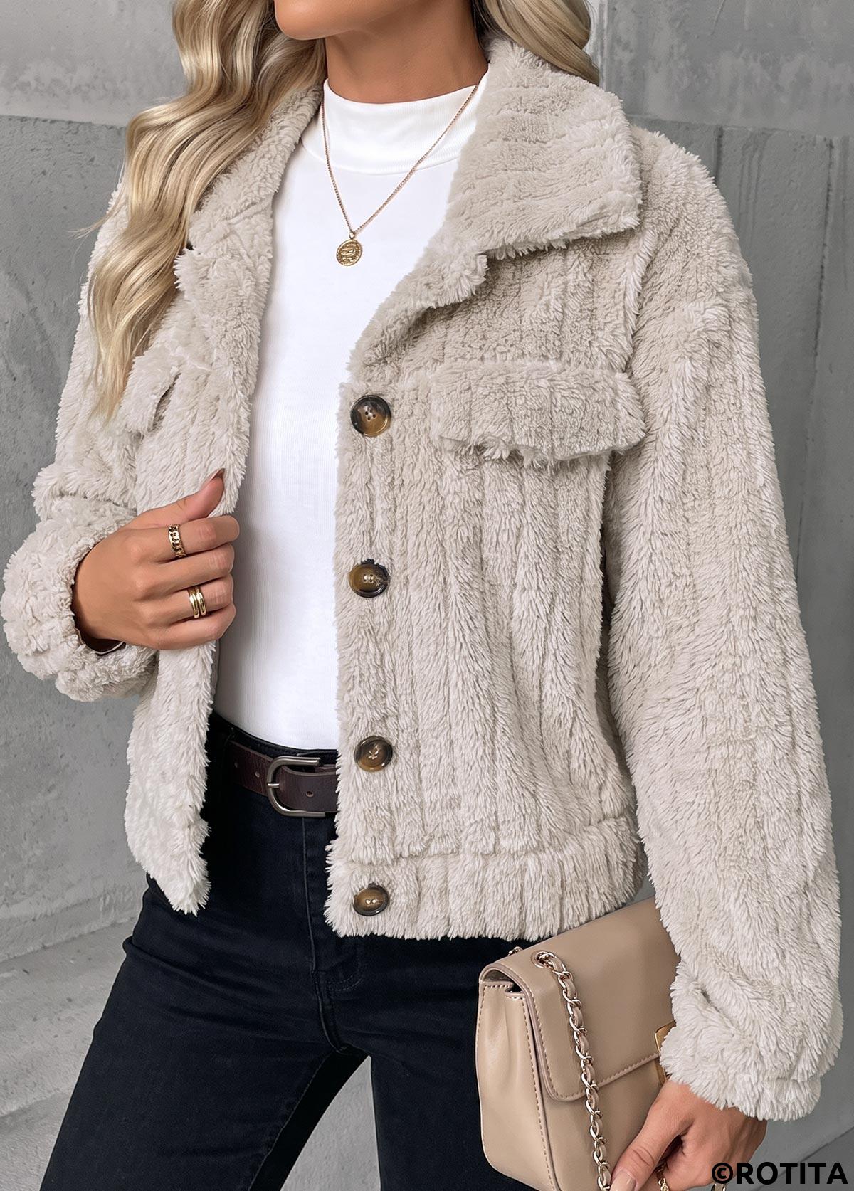 Beige tops,Plain Color tops,Button Beige Turn Down Collar Long Sleeve Coat