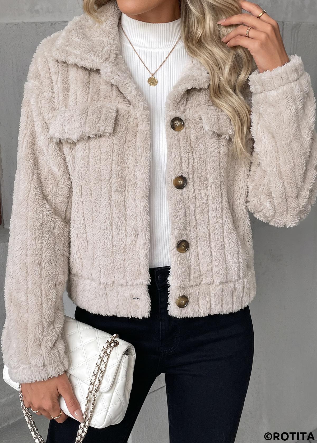 Beige tops,Plain Color tops,Button Beige Turn Down Collar Long Sleeve Coat