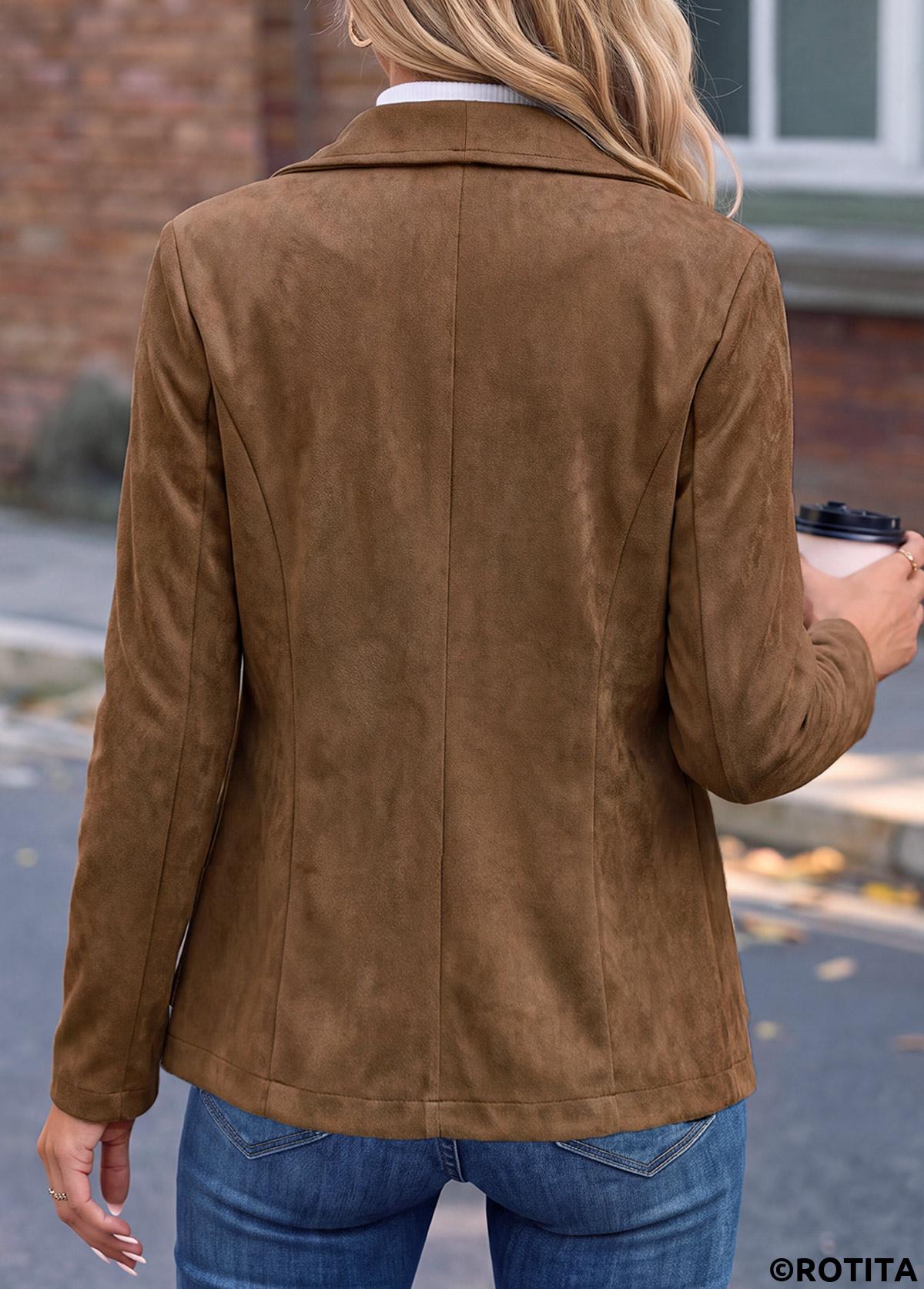 Dark Coffee tops,Plain Color tops,ROTITA Dark Coffee Turn Down Collar Long Sleeve Jacket
