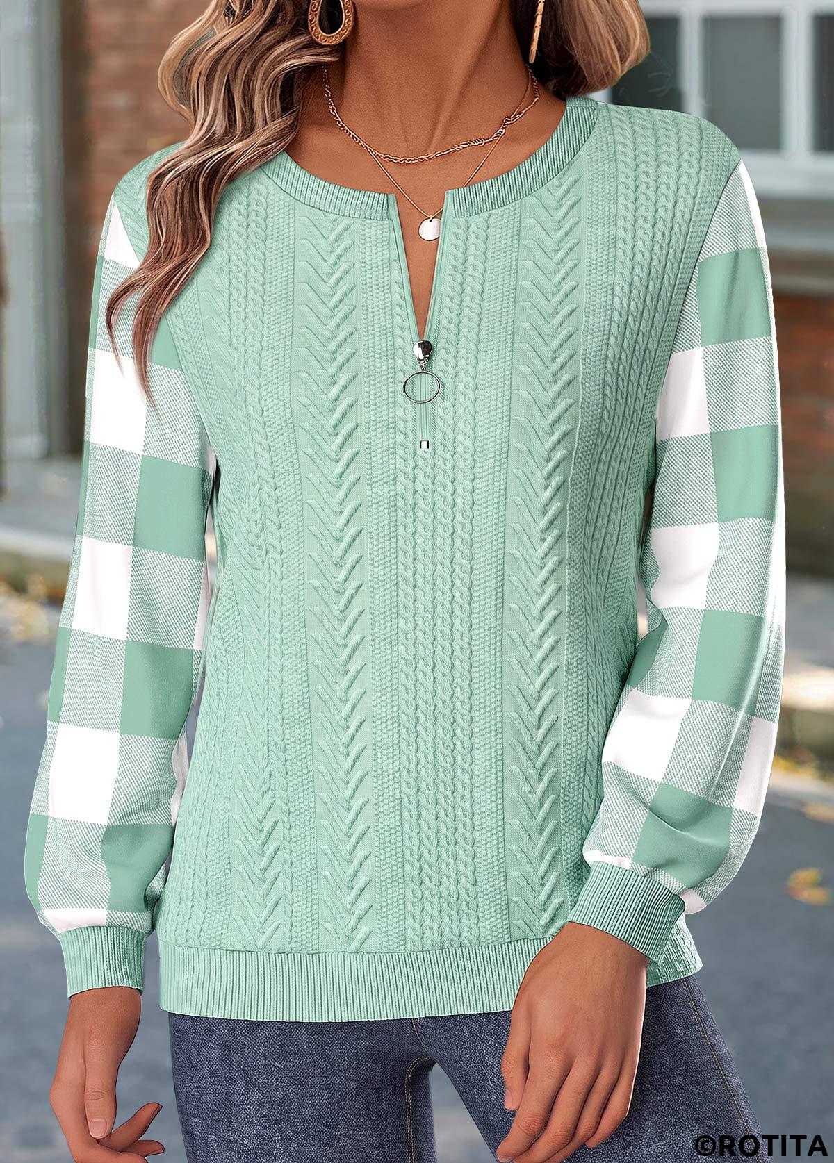 Sage Green tops,Plaid tops,Geometric tops,ROTITA Button Plaid Sage Green Long Sleeve Sweatshirt