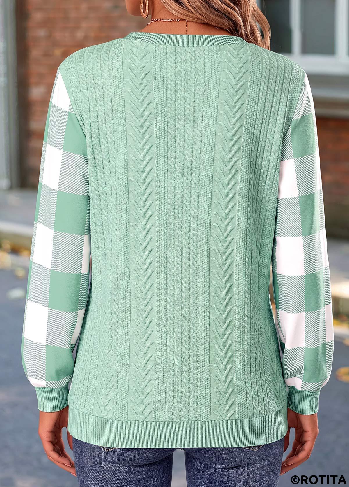 Sage Green tops,Plaid tops,Geometric tops,ROTITA Button Plaid Sage Green Long Sleeve Sweatshirt