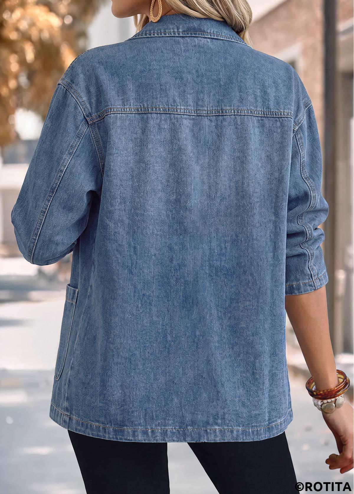Blue tops,Plain Color tops,ROTITA Patch Pocket Blue Lapel Long Sleeve Coat