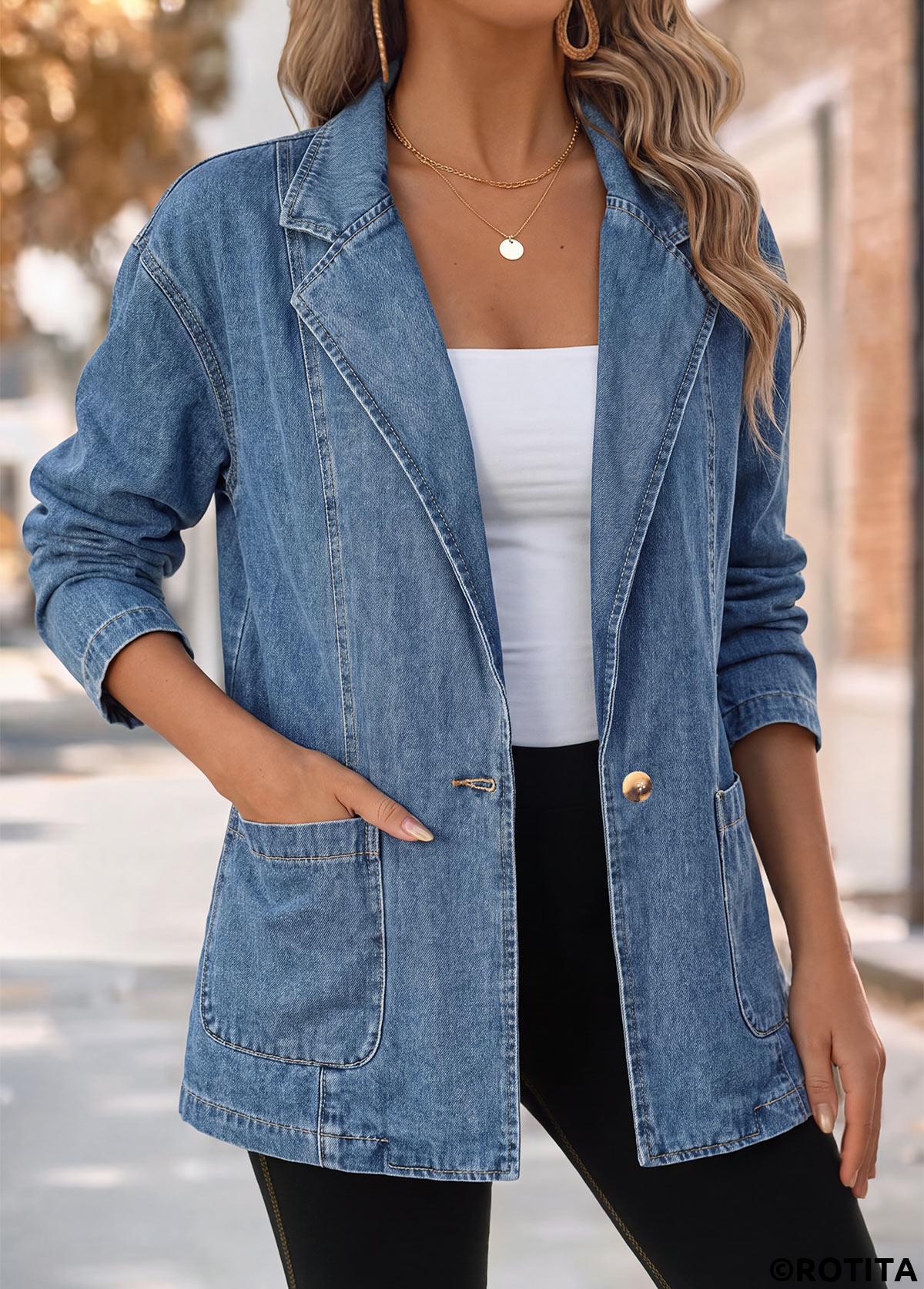 Blue tops,Plain Color tops,ROTITA Patch Pocket Blue Lapel Long Sleeve Coat