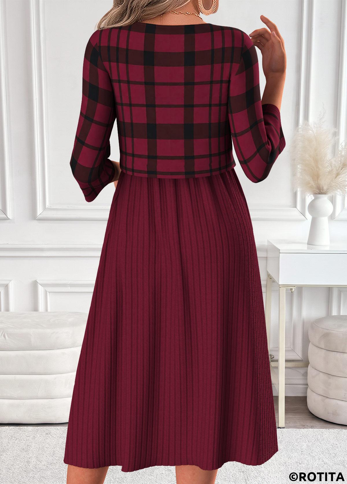 Dark Reddish Purple dresses,Plaid dresses,Geometric dresses,Everyday dresses,Casual dresses,ROTITA Dark Reddish Purple Plaid Patchwork Round Neck Dress