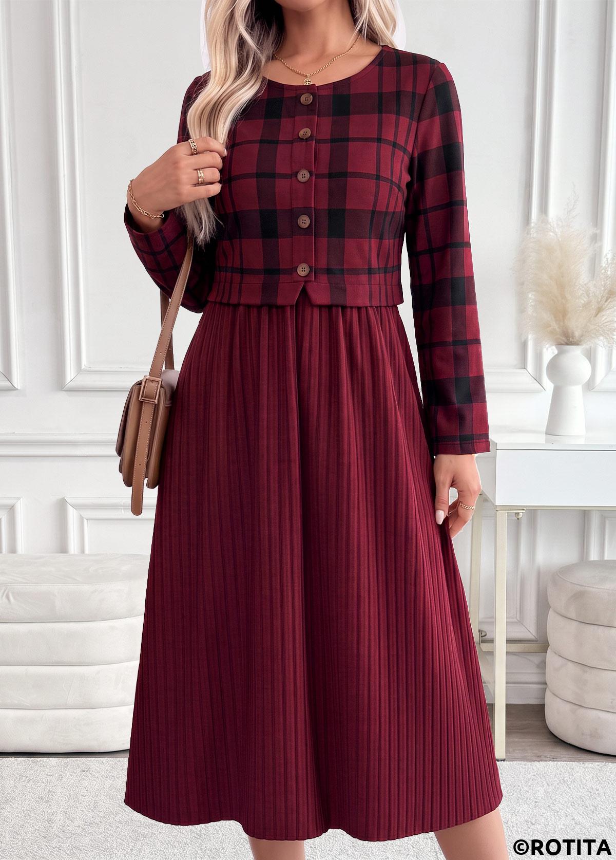 Dark Reddish Purple dresses,Plaid dresses,Geometric dresses,Everyday dresses,Casual dresses,ROTITA Dark Reddish Purple Plaid Patchwork Round Neck Dress