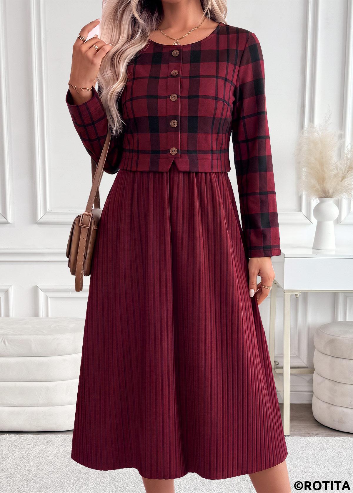 Dark Reddish Purple dresses,Plaid dresses,Geometric dresses,Everyday dresses,Casual dresses,ROTITA Dark Reddish Purple Plaid Patchwork Round Neck Dress