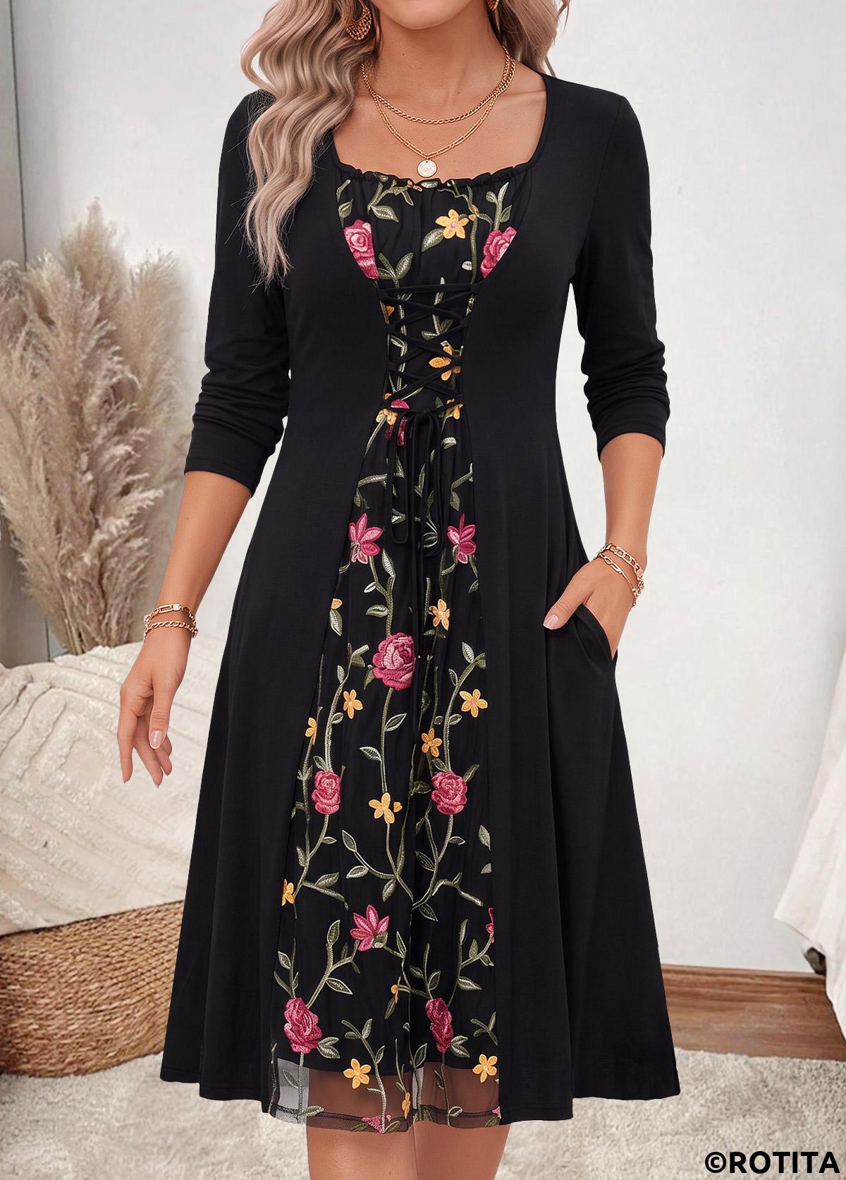 Black dresses,Floral dresses,Plants dresses,Everyday dresses,Casual dresses,ROTITA Black Floral Print Fake 2in1 Boat Neck Dress