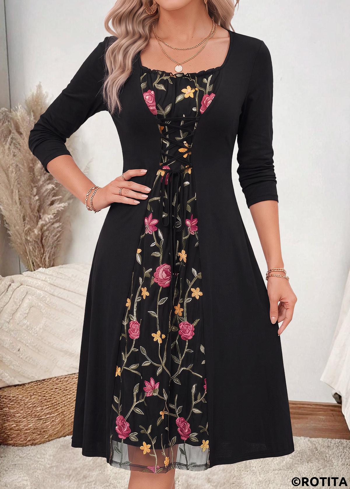 Black dresses,Floral dresses,Plants dresses,Everyday dresses,Casual dresses,ROTITA Black Floral Print Fake 2in1 Boat Neck Dress
