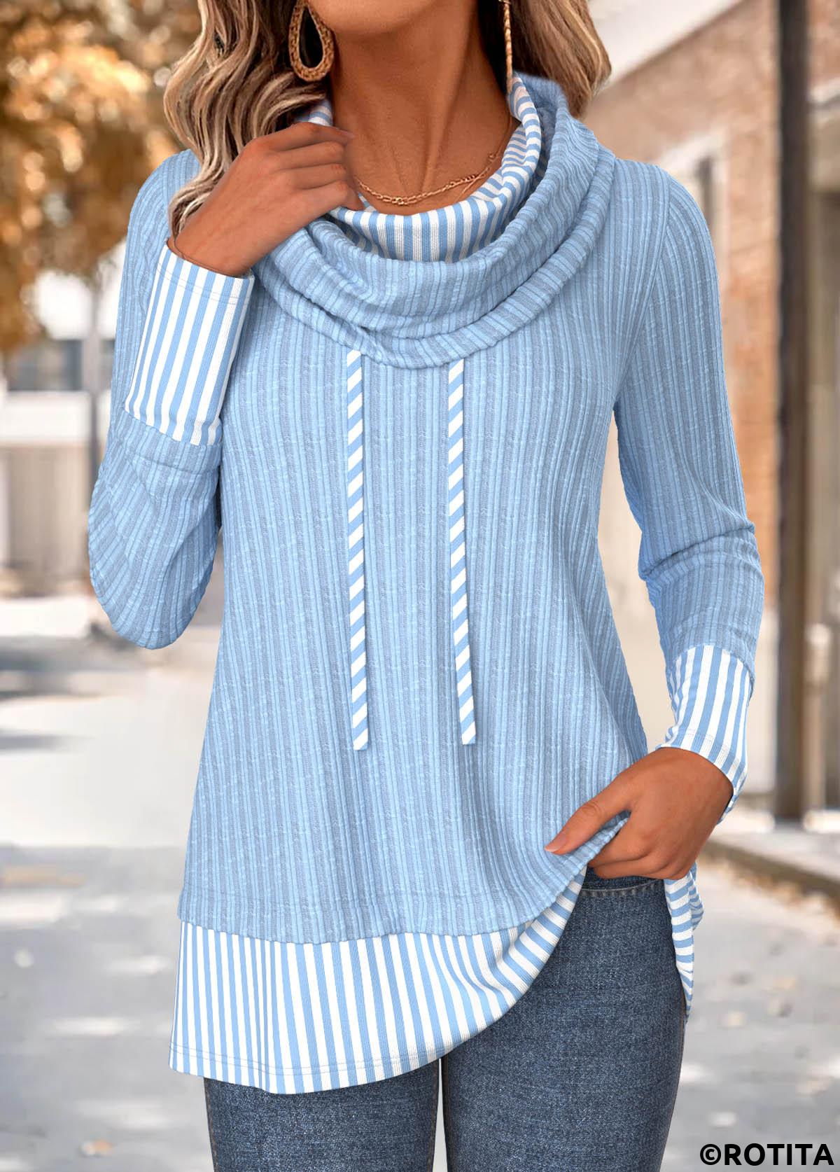 Light Blue tops,Striped tops,Geometric tops,ROTITA Fake 2in1 Striped Light Blue Cowl Neck Sweatshirt