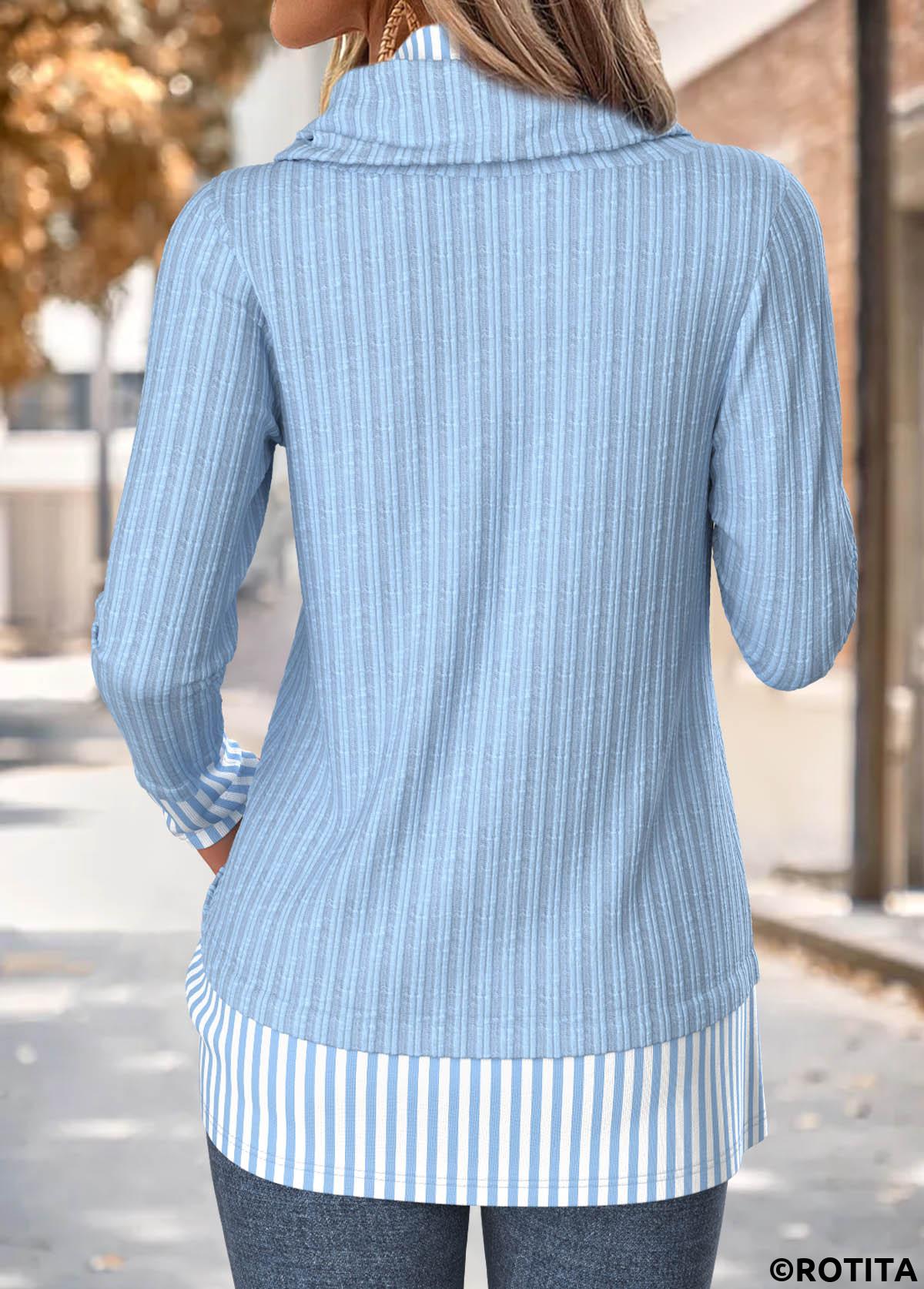 Light Blue tops,Striped tops,Geometric tops,ROTITA Fake 2in1 Striped Light Blue Cowl Neck Sweatshirt