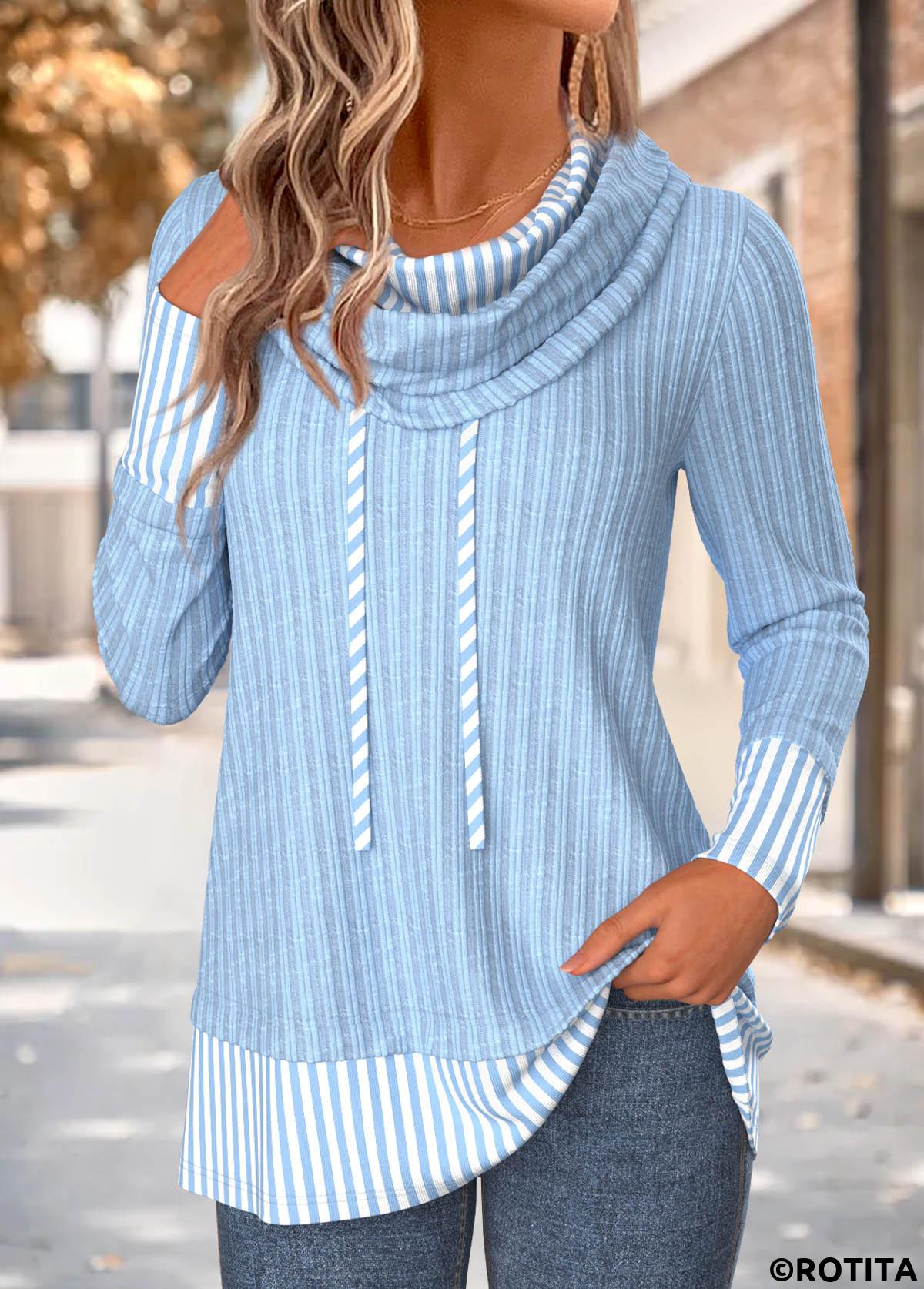 Light Blue tops,Striped tops,Geometric tops,ROTITA Fake 2in1 Striped Light Blue Cowl Neck Sweatshirt
