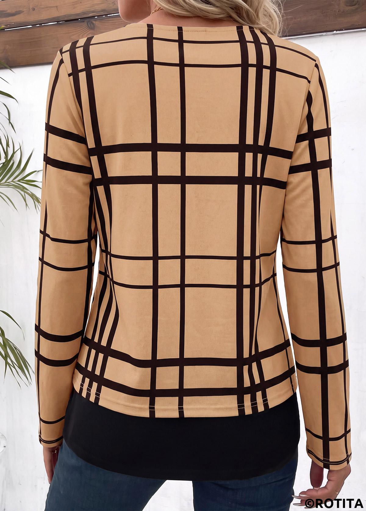 Light Coffee tops,Plaid tops,Geometric tops,ROTITA Layered Plaid Light Coffee Fake Two Piece Twinset