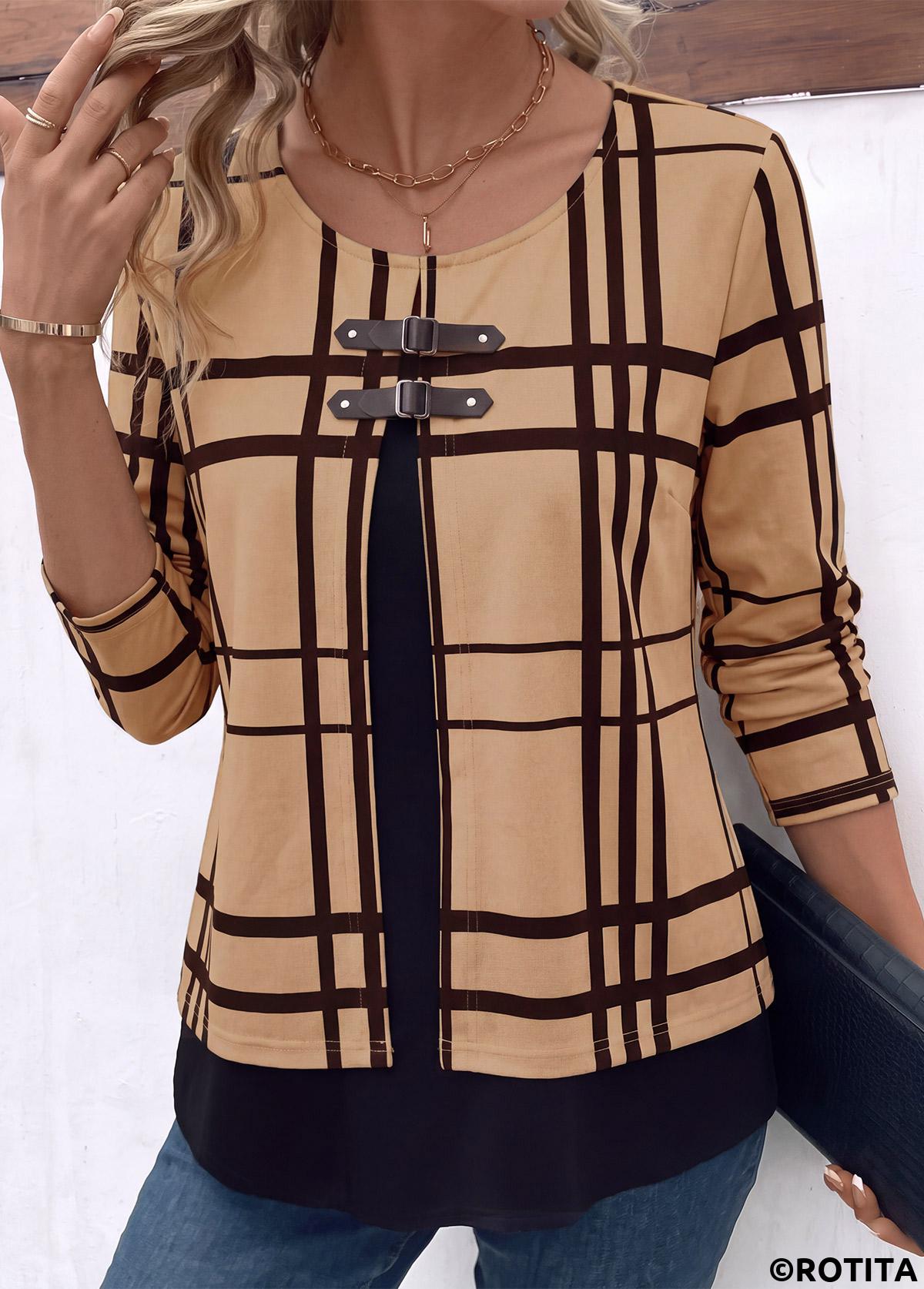 Light Coffee tops,Plaid tops,Geometric tops,ROTITA Layered Plaid Light Coffee Fake Two Piece Twinset