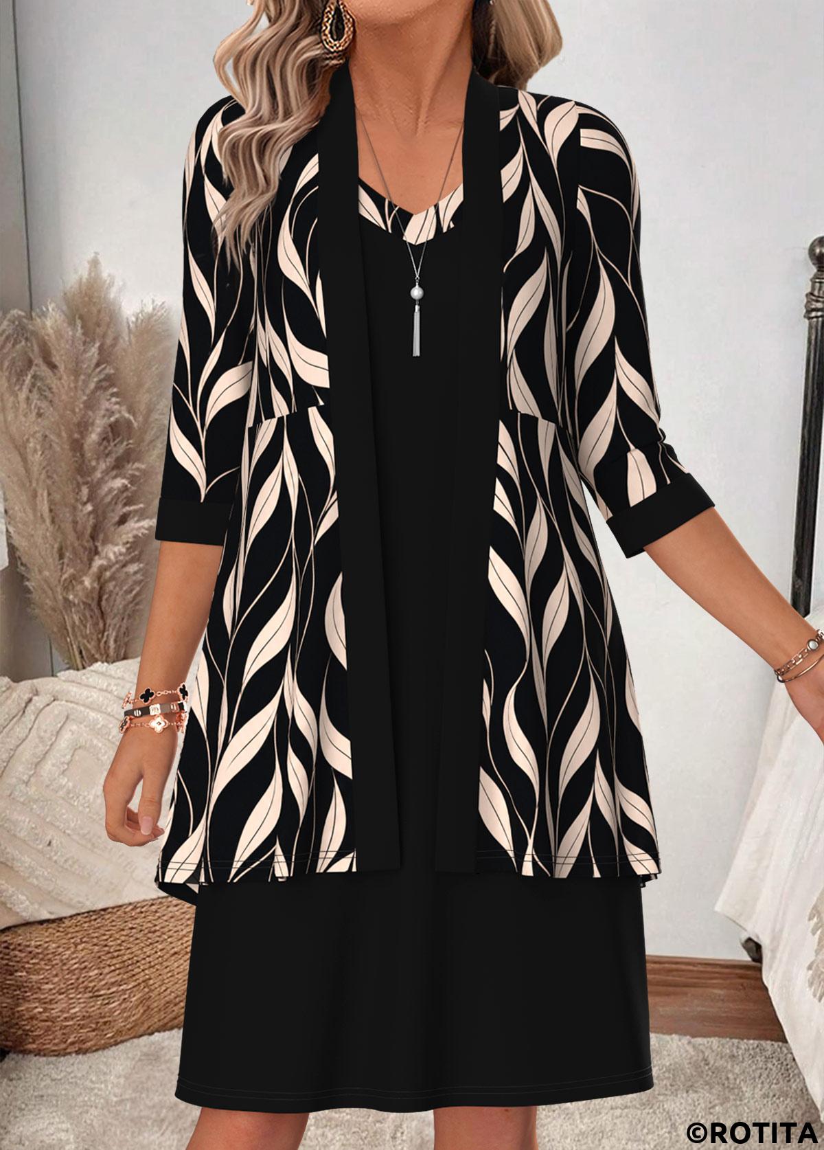 Black dresses,Plants dresses,Everyday dresses,Casual dresses,ROTITA Black Leaf Print Two-piece V Neck Dress and Cardigan