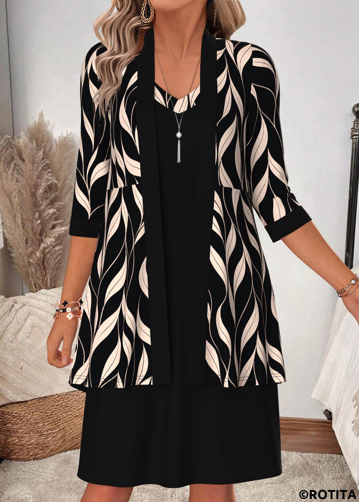 Black dresses,Plants dresses,Everyday dresses,Casual dresses,ROTITA Black Leaf Print Two-piece V Neck Dress and Cardigan