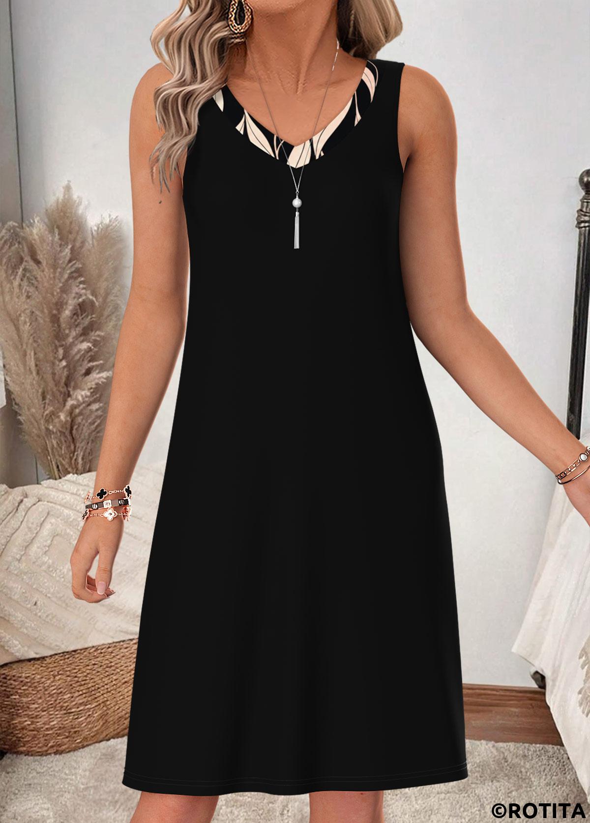 Black dresses,Plants dresses,Everyday dresses,Casual dresses,ROTITA Black Leaf Print Two-piece V Neck Dress and Cardigan