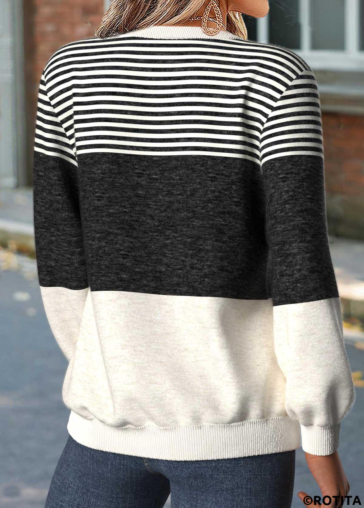 Dark Grey Marl tops,Striped tops,Geometric tops,ROTITA Tummy Coverage Striped Dark Grey Marl Round Neck Sweatshirt