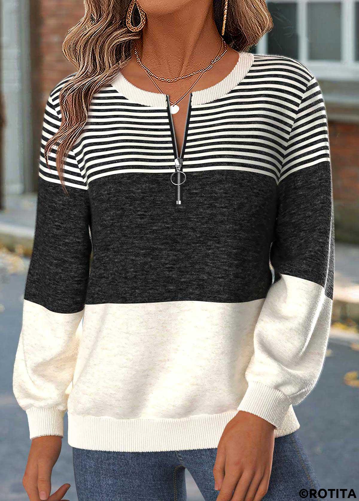 Dark Grey Marl tops,Striped tops,Geometric tops,ROTITA Tummy Coverage Striped Dark Grey Marl Round Neck Sweatshirt