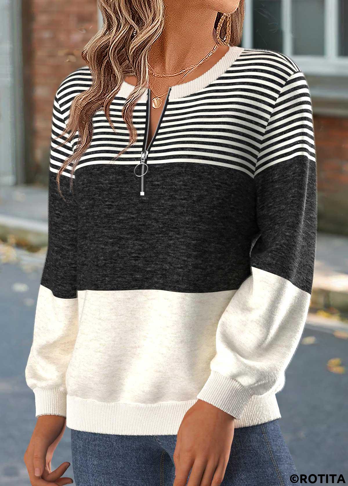 Dark Grey Marl tops,Striped tops,Geometric tops,ROTITA Tummy Coverage Striped Dark Grey Marl Round Neck Sweatshirt