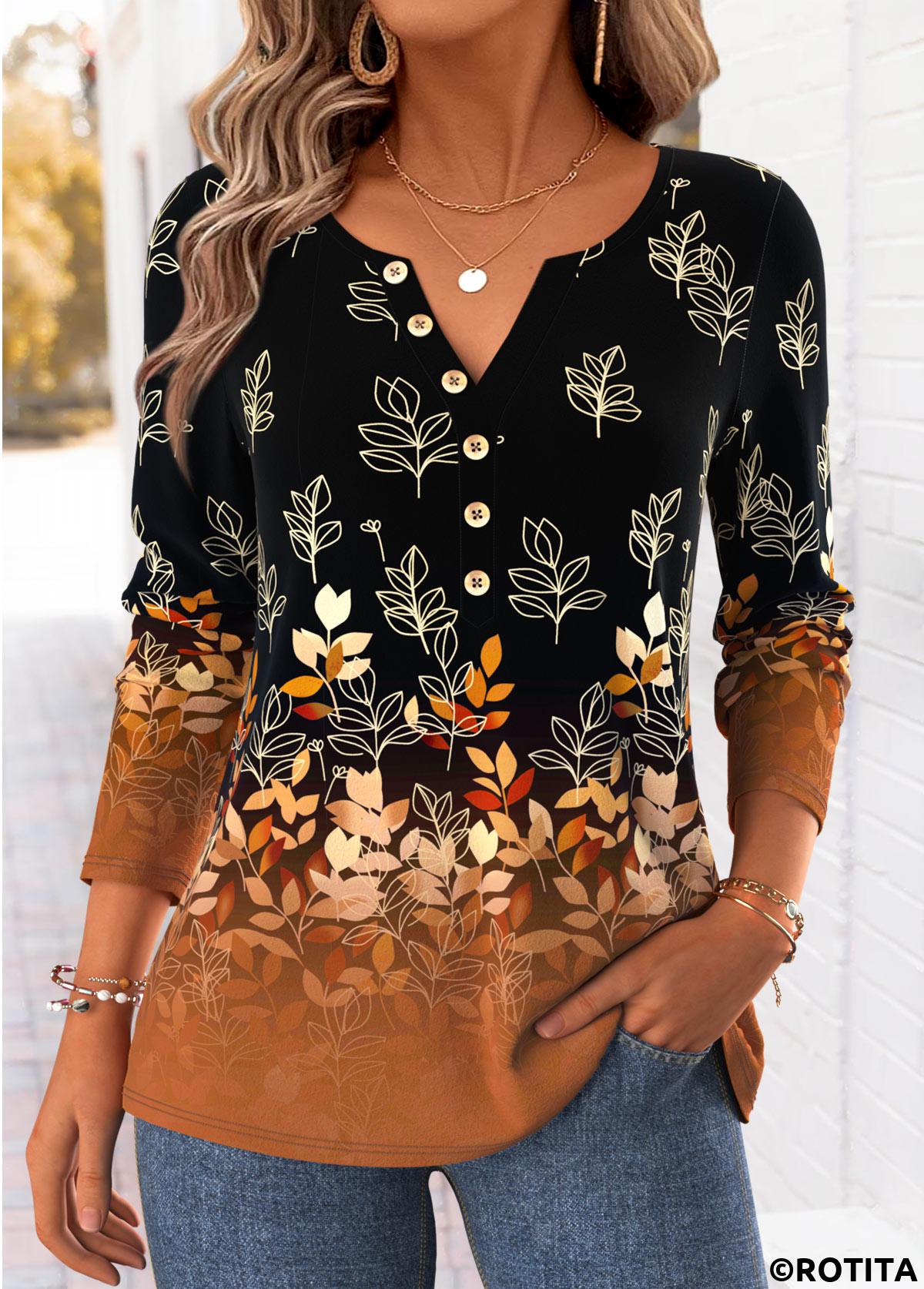 Dark Camel tops,Plants tops,ROTITA Curved Hem Leaf Print Dark Camel T Shirt