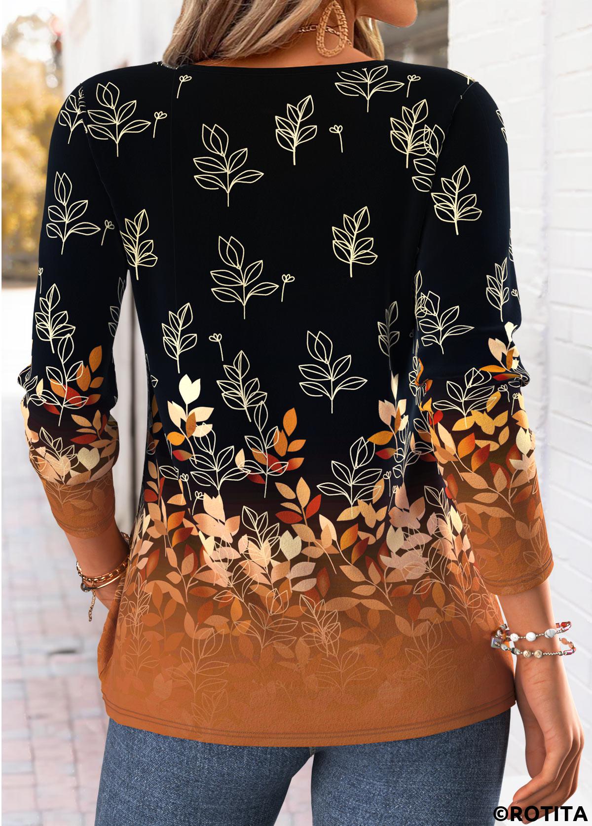Dark Camel tops,Plants tops,ROTITA Curved Hem Leaf Print Dark Camel T Shirt
