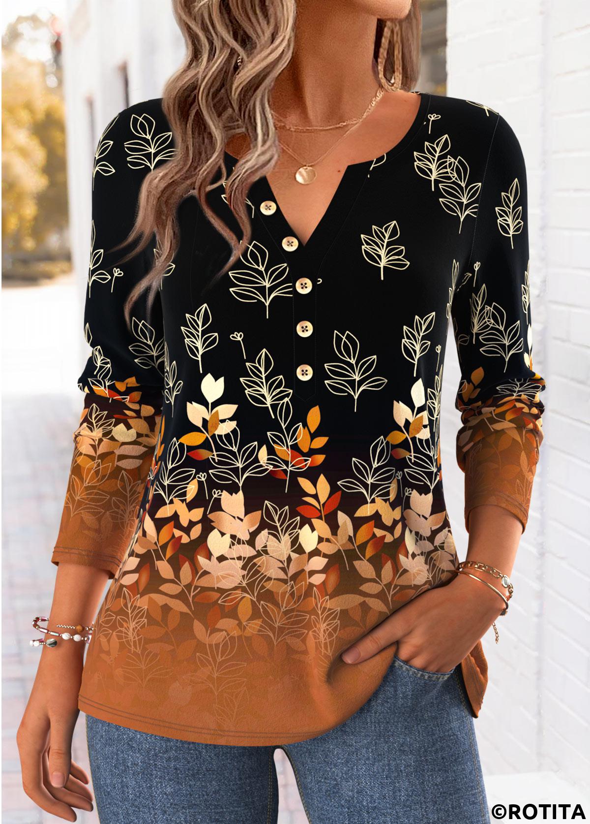 Dark Camel tops,Plants tops,ROTITA Curved Hem Leaf Print Dark Camel T Shirt