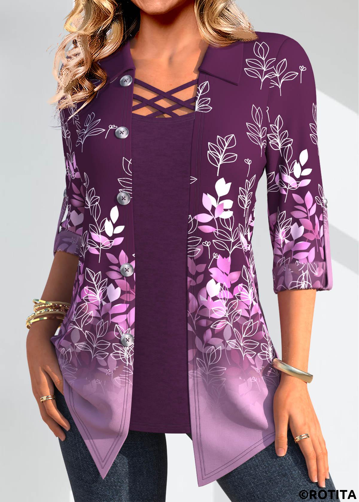 Purple tops,Plants tops,Geometric tops,ROTITA Leaf Print Purple Fake Two Piece Twinset