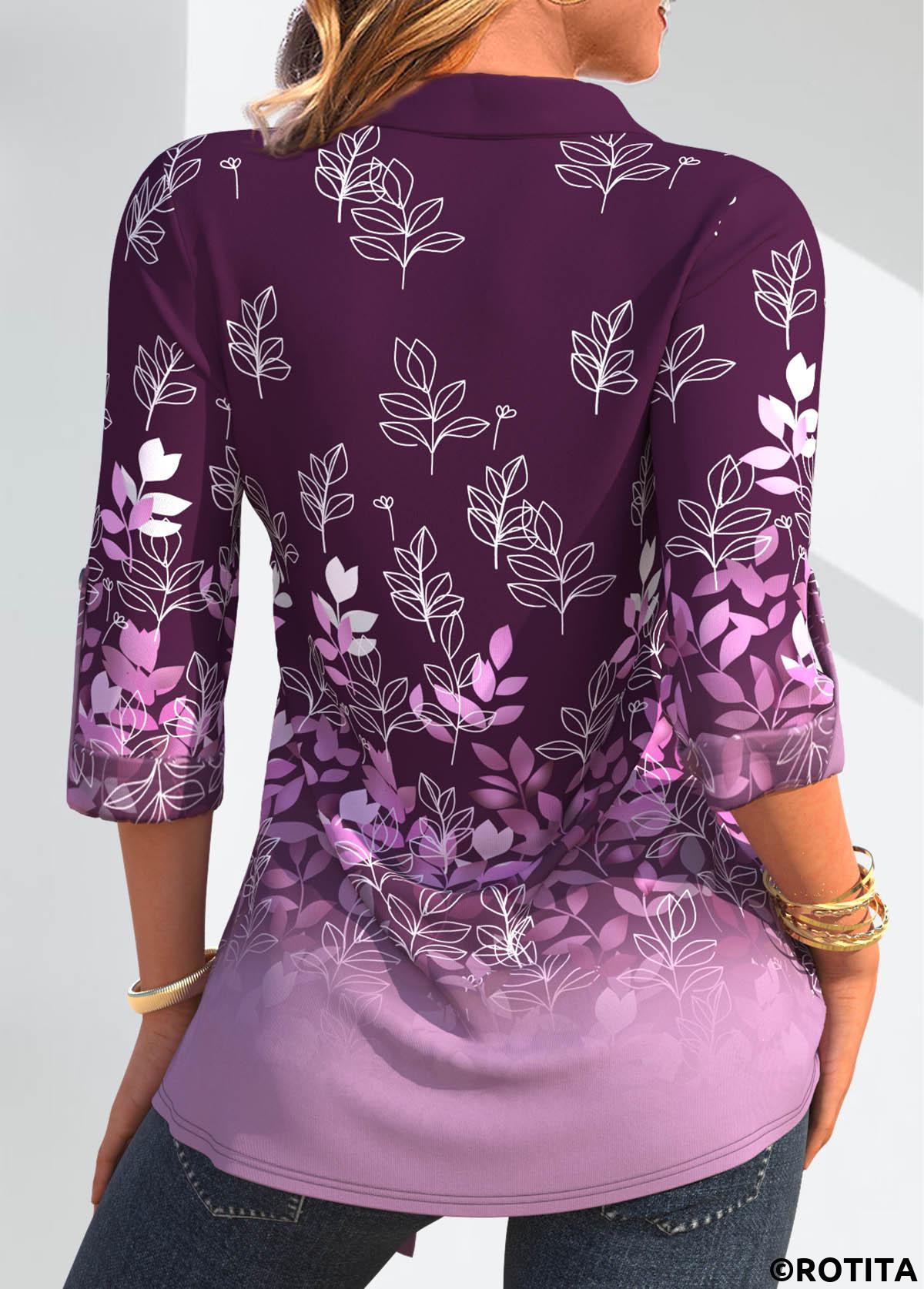 Purple tops,Plants tops,Geometric tops,ROTITA Leaf Print Purple Fake Two Piece Twinset