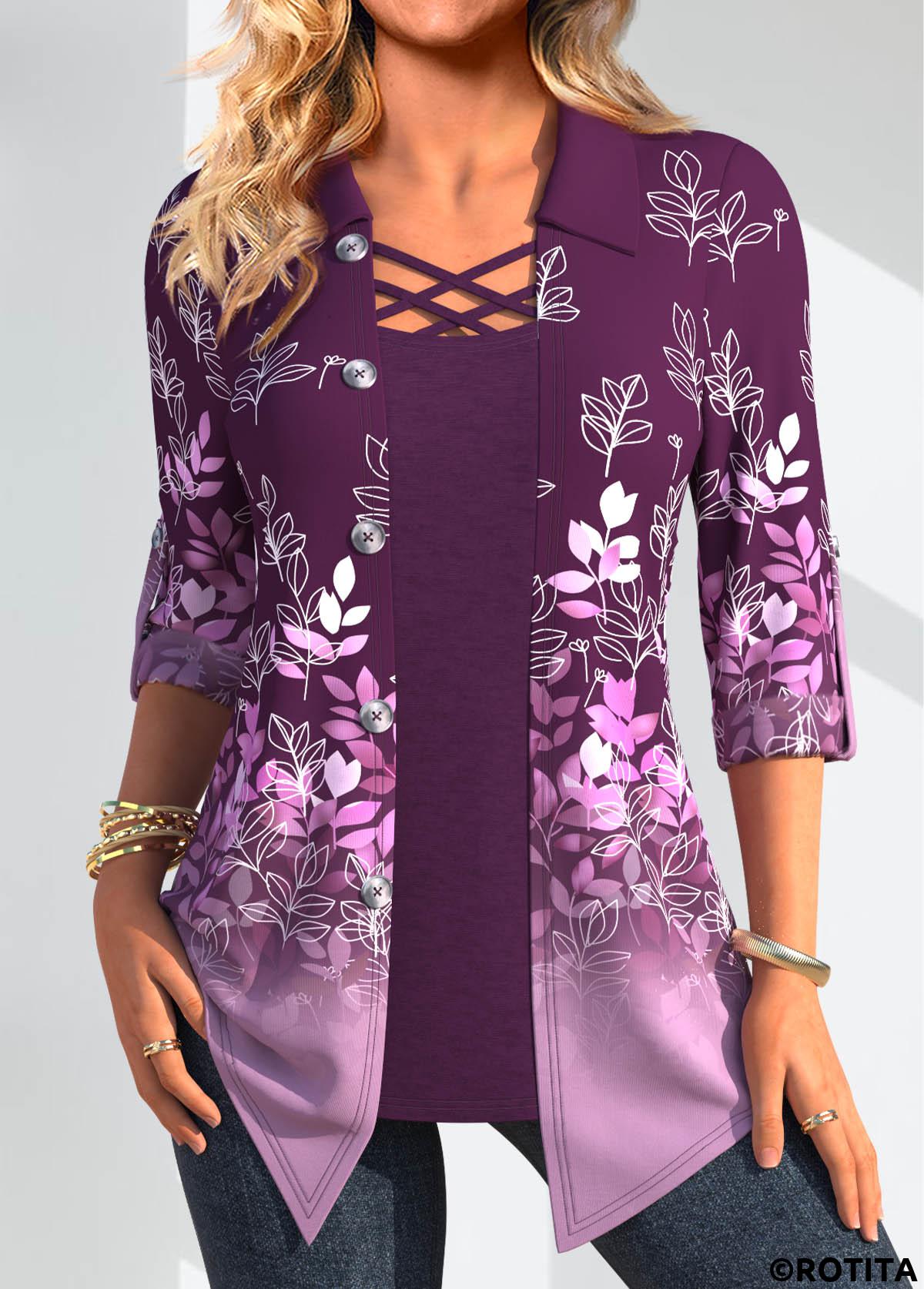 Purple tops,Plants tops,Geometric tops,ROTITA Leaf Print Purple Fake Two Piece Twinset