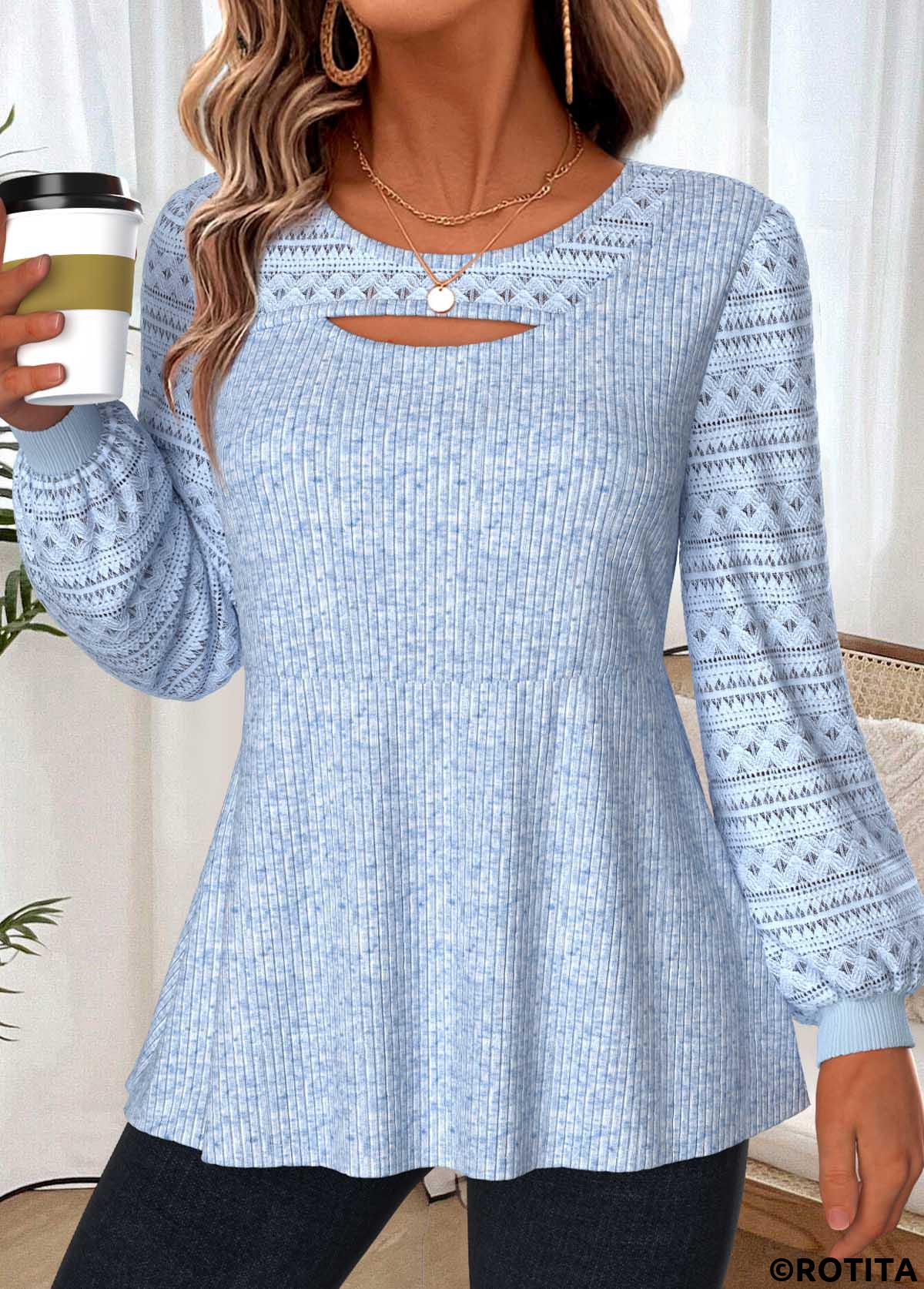 Light Blue tops,Plain Color tops,ROTITA Layered Light Blue Round Neck Long Sleeve T Shirt