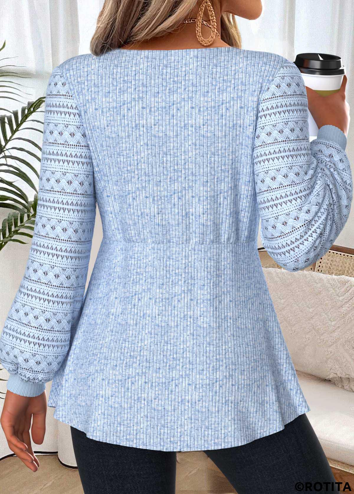 Light Blue tops,Plain Color tops,ROTITA Layered Light Blue Round Neck Long Sleeve T Shirt