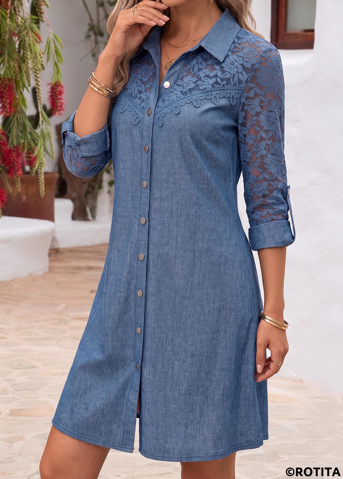 Denim Blue dresses,Plain Color dresses,Everyday dresses,Casual dresses,ROTITA Denim Blue Patchwork Shirt Collar Long Sleeve Dress