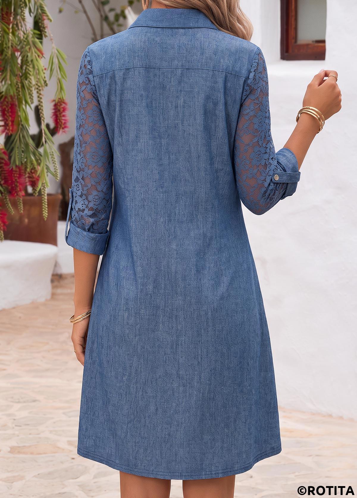 Denim Blue dresses,Plain Color dresses,Everyday dresses,Casual dresses,ROTITA Denim Blue Patchwork Shirt Collar Long Sleeve Dress