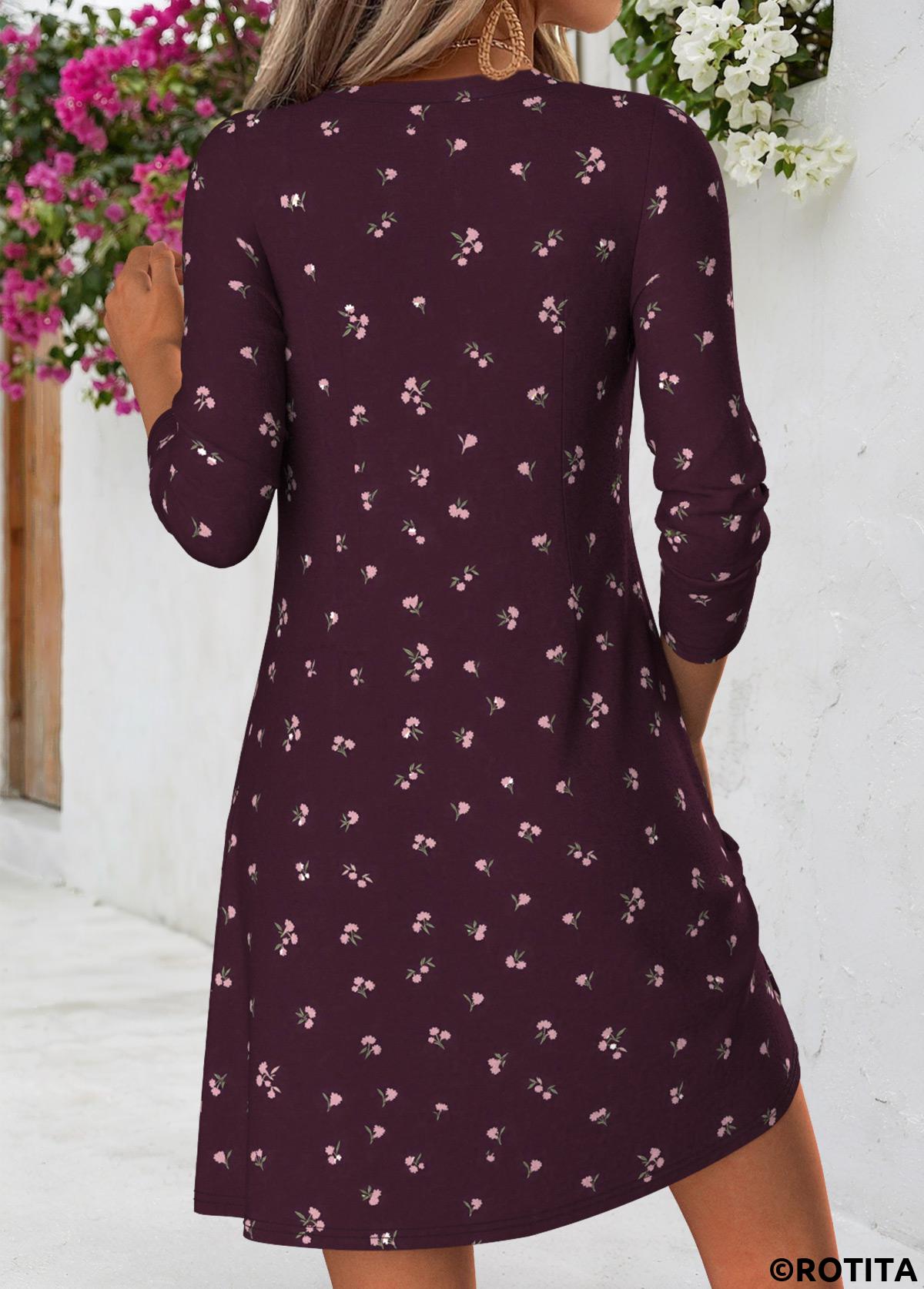 Dark Purple dresses,Floral dresses,Plants dresses,Everyday dresses,Casual dresses,ROTITA Dark Purple Floral Print Tuck Stitch Short Dress