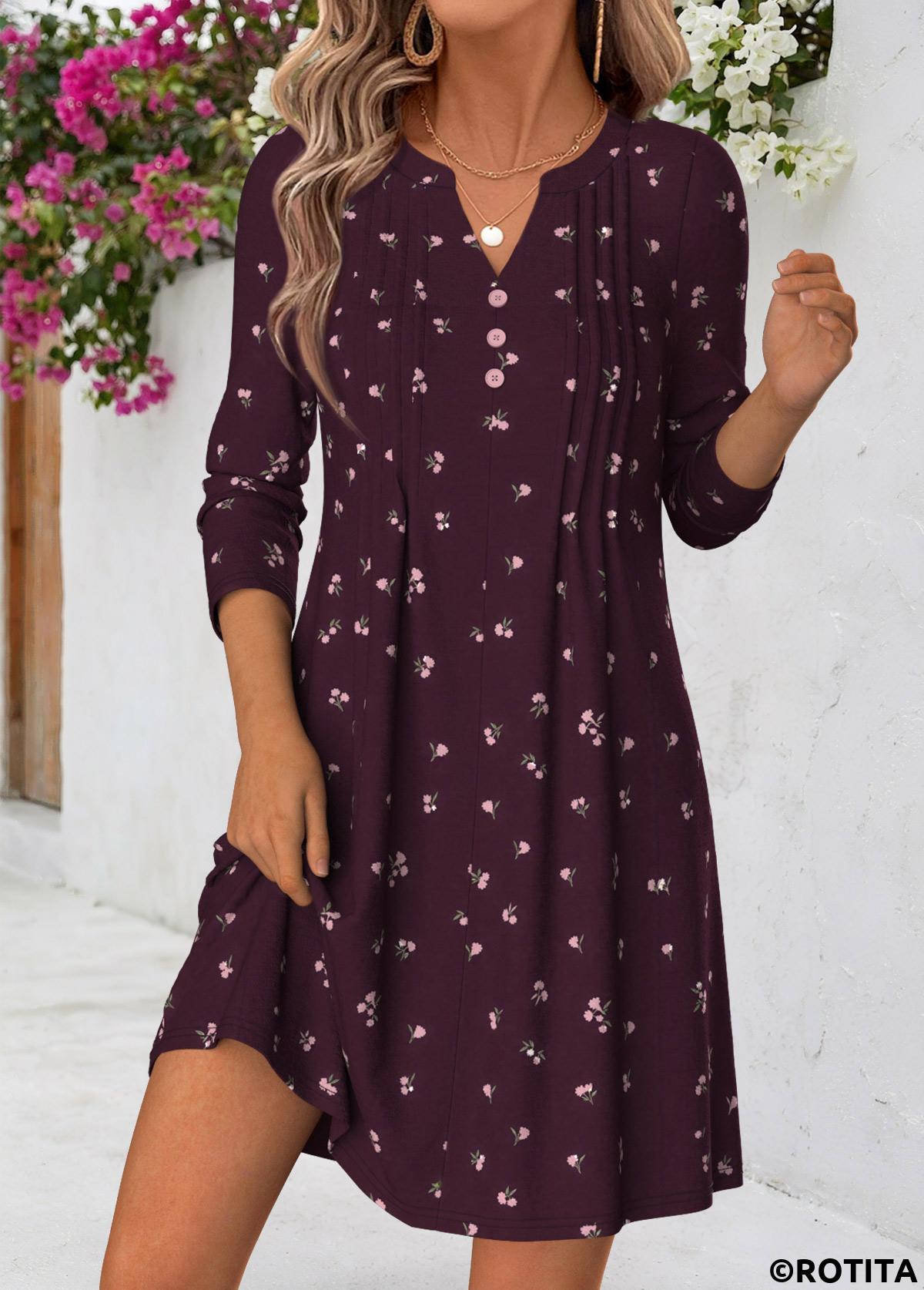 Dark Purple dresses,Floral dresses,Plants dresses,Everyday dresses,Casual dresses,ROTITA Dark Purple Floral Print Tuck Stitch Short Dress