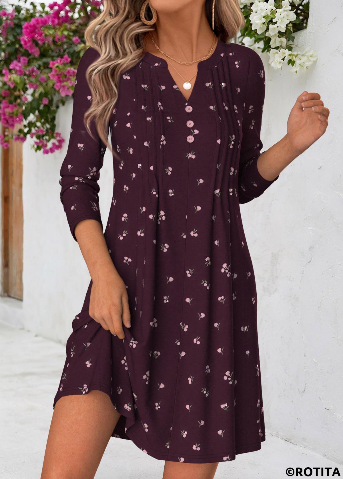 Dark Purple dresses,Floral dresses,Plants dresses,Everyday dresses,Casual dresses,ROTITA Dark Purple Floral Print Tuck Stitch Short Dress
