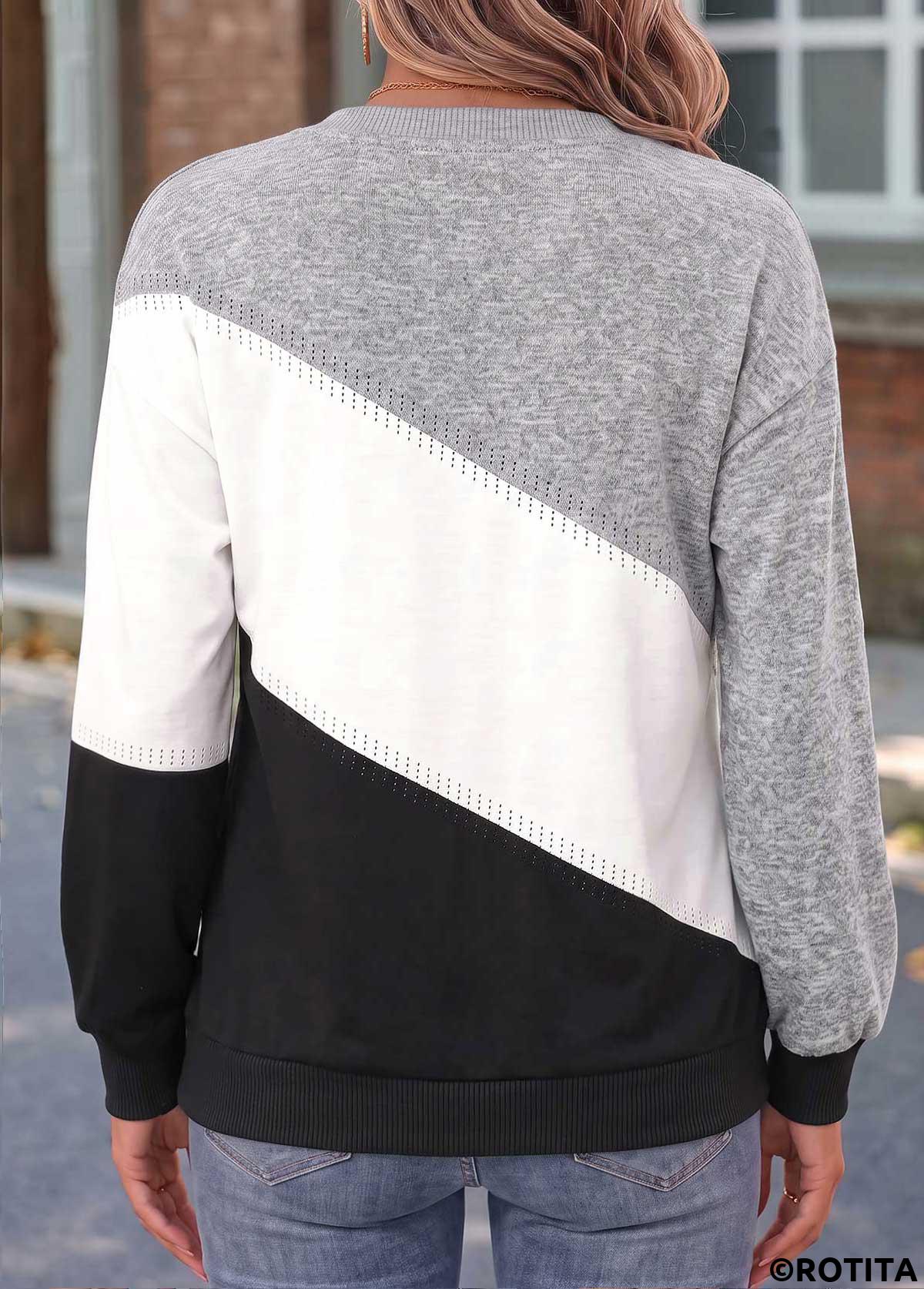Black tops,Geometric tops,ROTITA Tummy Coverage Geometric Print Black Long Sleeve Sweatshirt