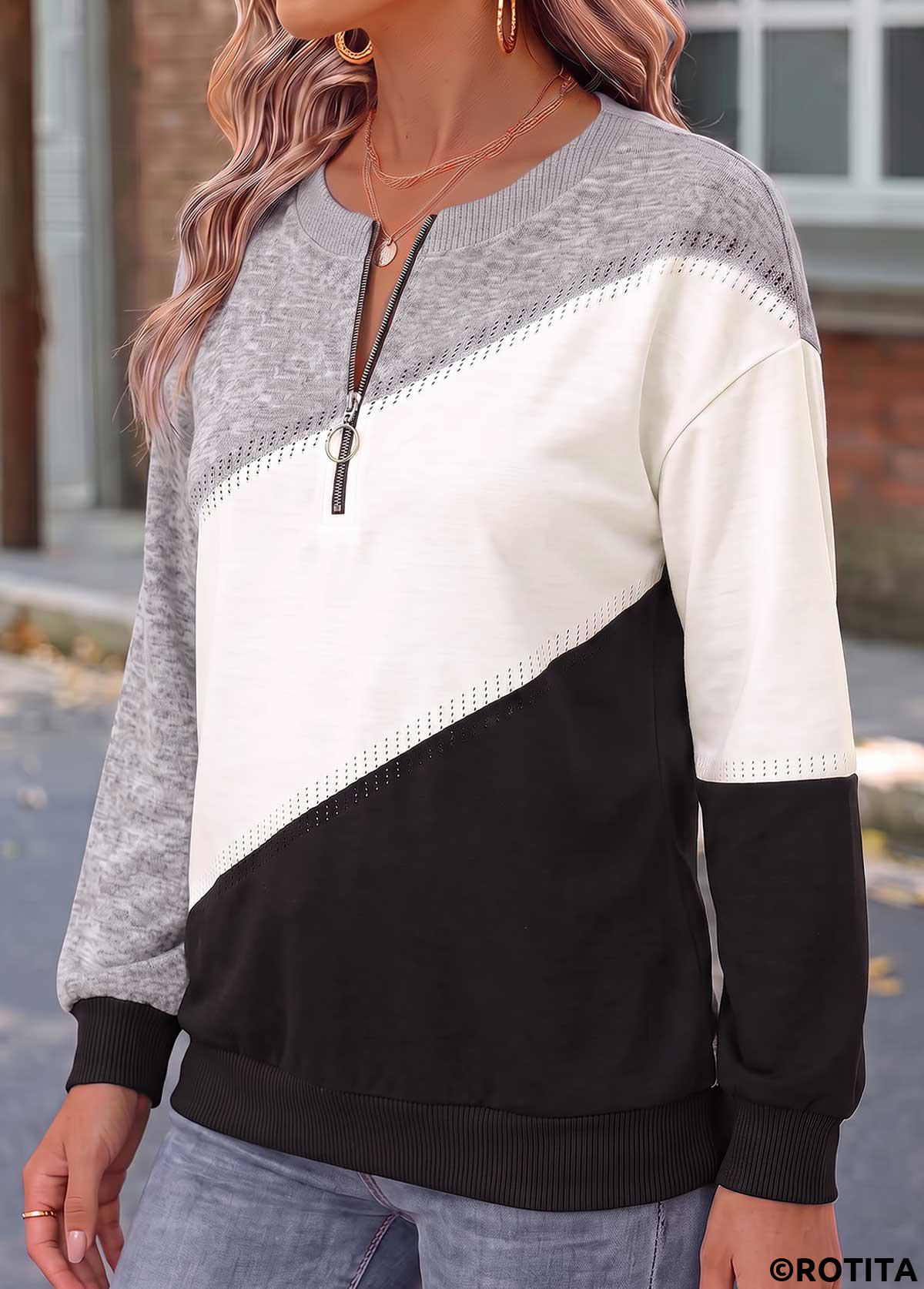 Black tops,Geometric tops,ROTITA Tummy Coverage Geometric Print Black Long Sleeve Sweatshirt