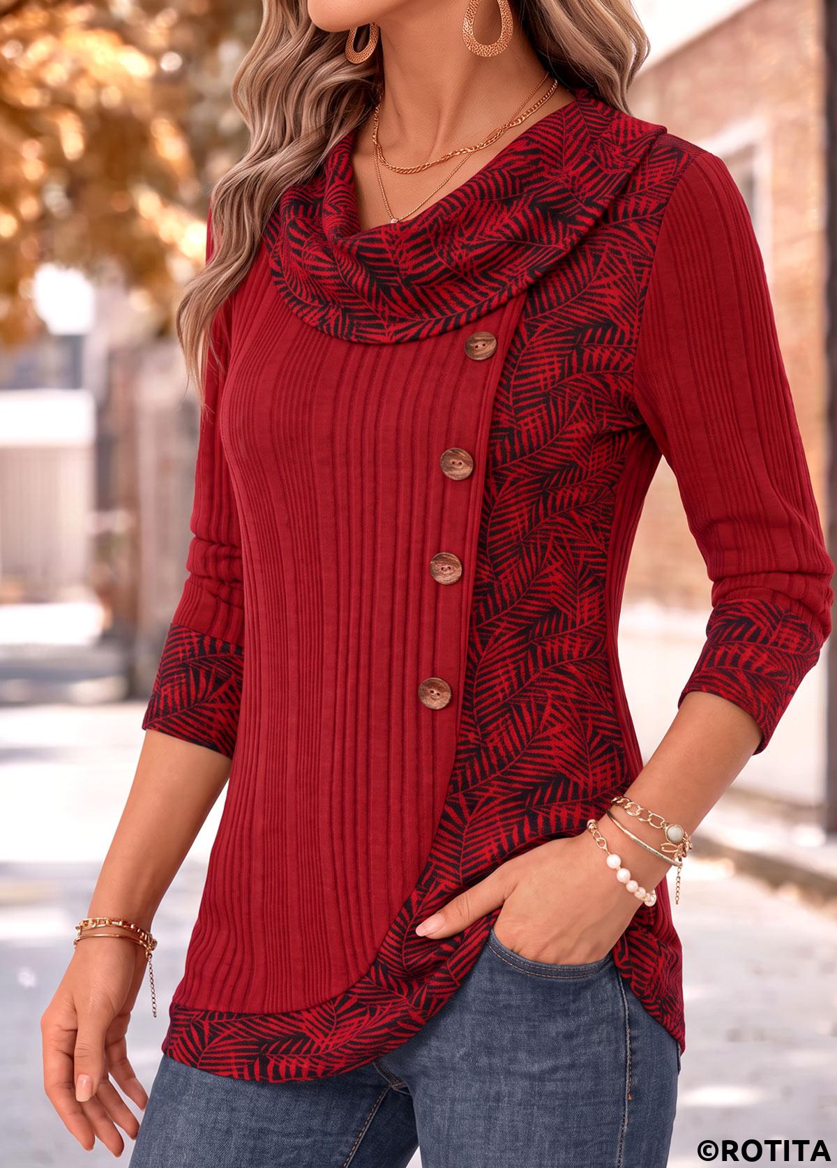 Red tops,Plants tops,ROTITA Patchwork Leaf Print Red Draped Neck T Shirt