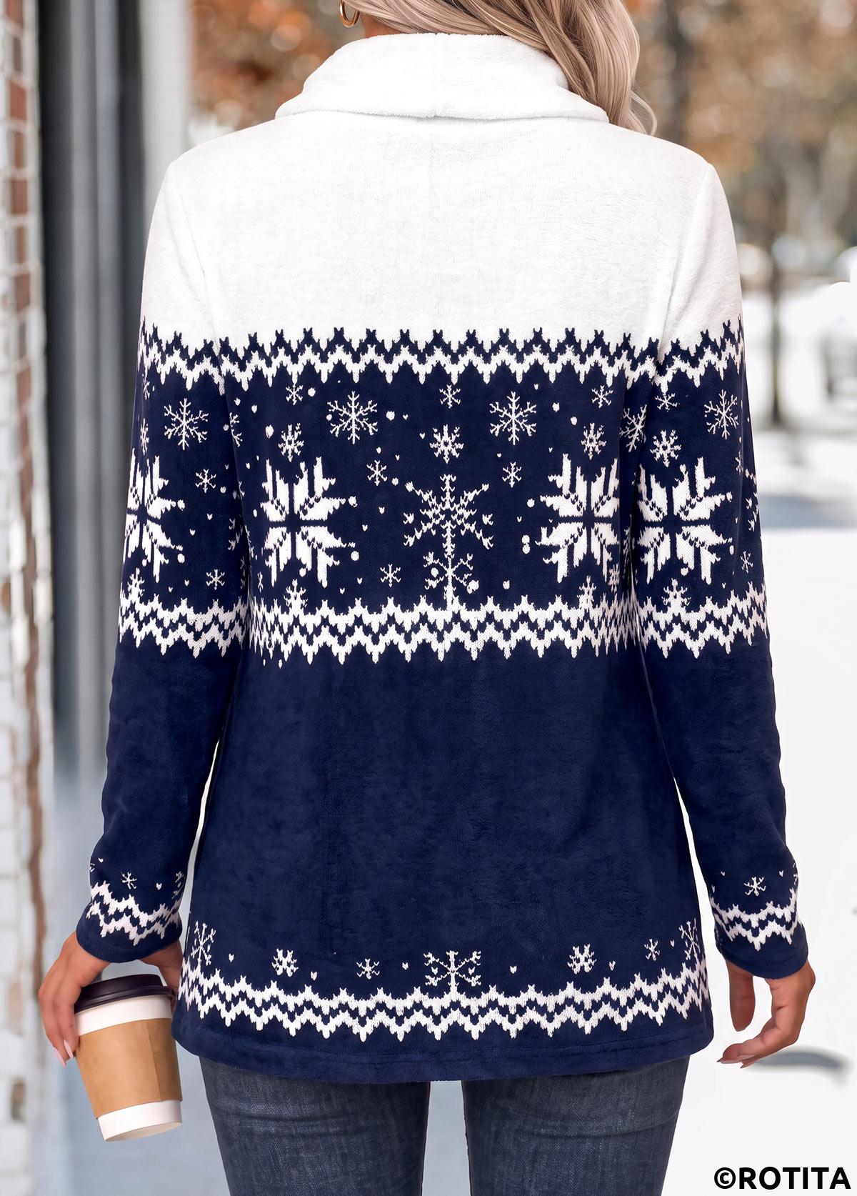Navy tops,Christmas tops,ROTITA Curved Hem Snowflake Print Navy Long Sleeve T Shirt