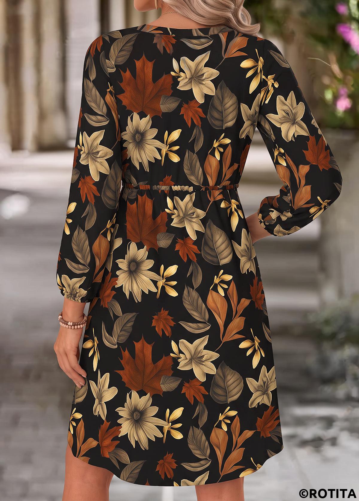 Black dresses,Plants dresses,Everyday dresses,Casual dresses,ROTITA Black Leaf Print Shirred Split Neck Long Sleeve Dress