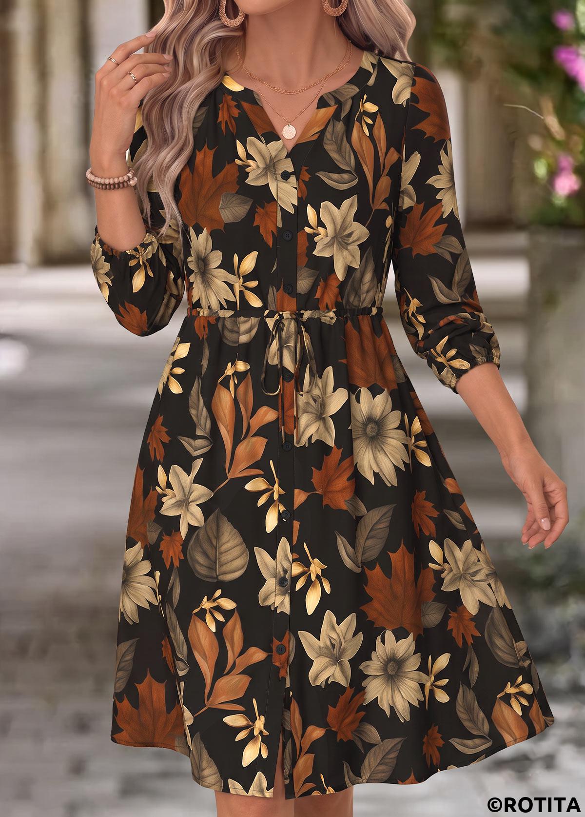 Black dresses,Plants dresses,Everyday dresses,Casual dresses,ROTITA Black Leaf Print Shirred Split Neck Long Sleeve Dress