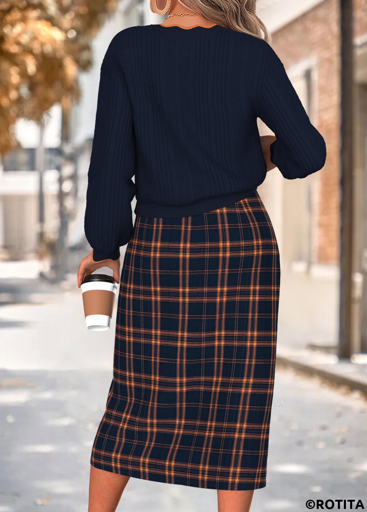 Navy dresses,Plaid dresses,Geometric dresses,Everyday dresses,Casual dresses,ROTITA Navy Plaid Two-piece V Neck Dress and Cardigan