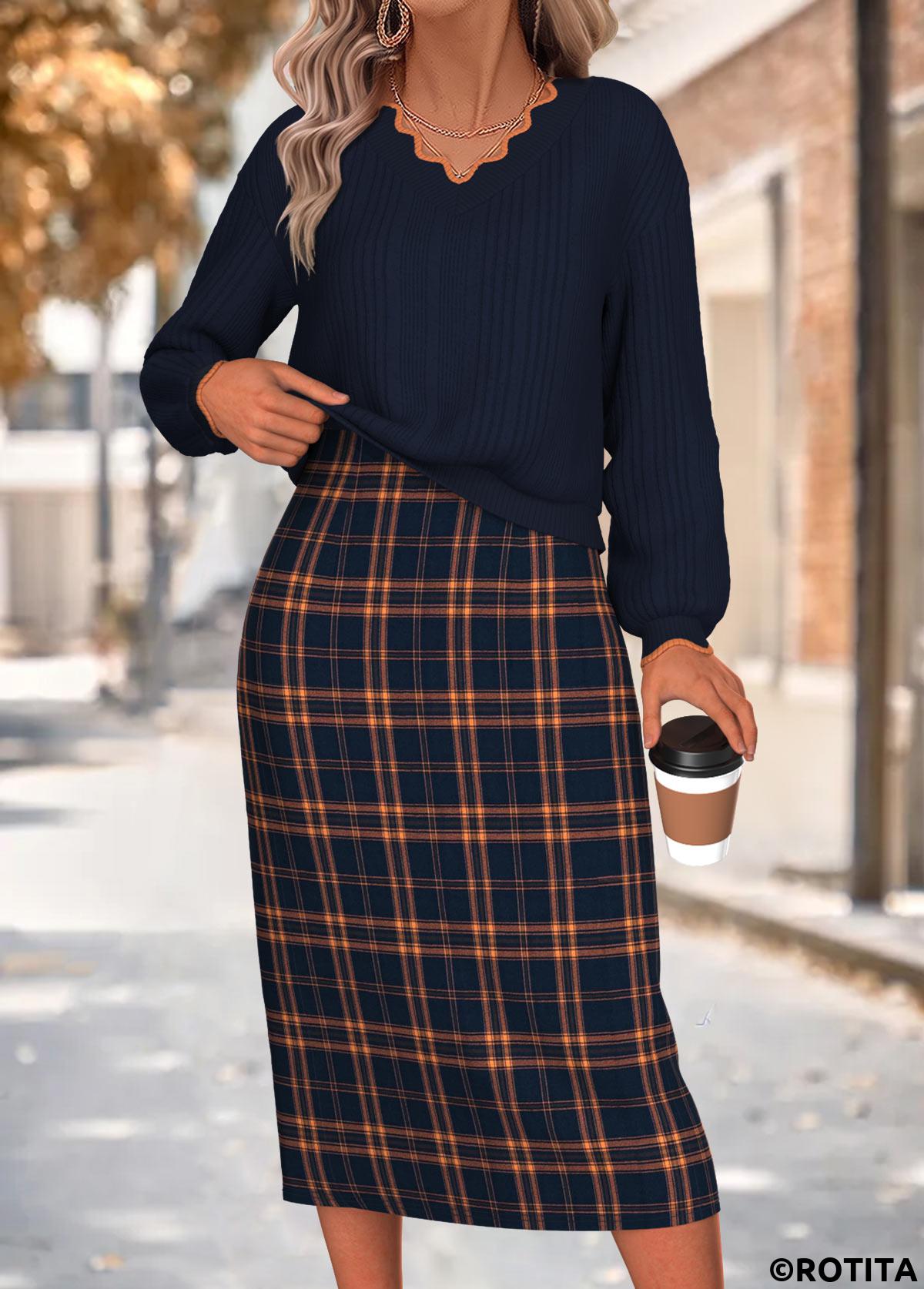 Navy dresses,Plaid dresses,Geometric dresses,Everyday dresses,Casual dresses,ROTITA Navy Plaid Two-piece V Neck Dress and Cardigan