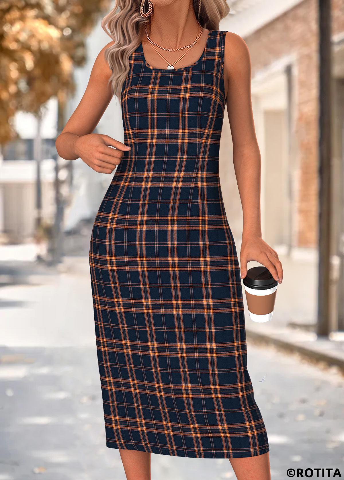 Navy dresses,Plaid dresses,Geometric dresses,Everyday dresses,Casual dresses,ROTITA Navy Plaid Two-piece V Neck Dress and Cardigan