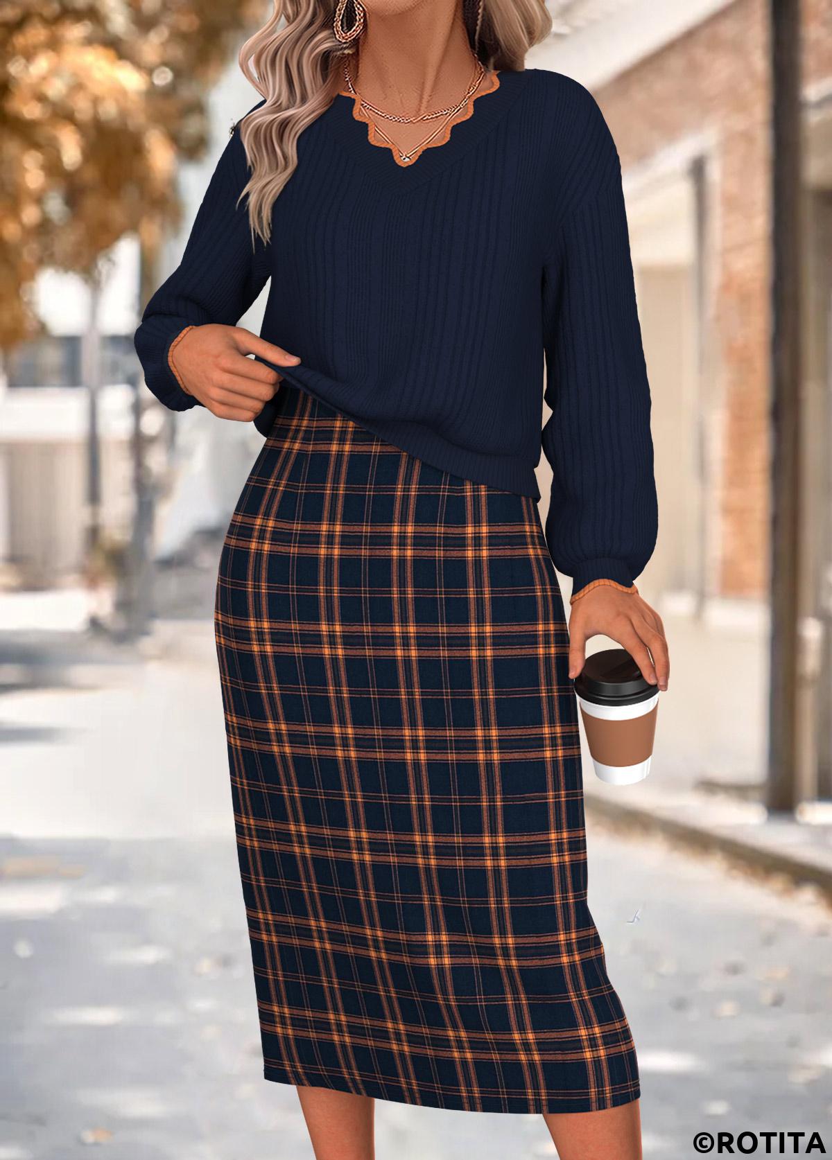 Navy dresses,Plaid dresses,Geometric dresses,Everyday dresses,Casual dresses,ROTITA Navy Plaid Two-piece V Neck Dress and Cardigan