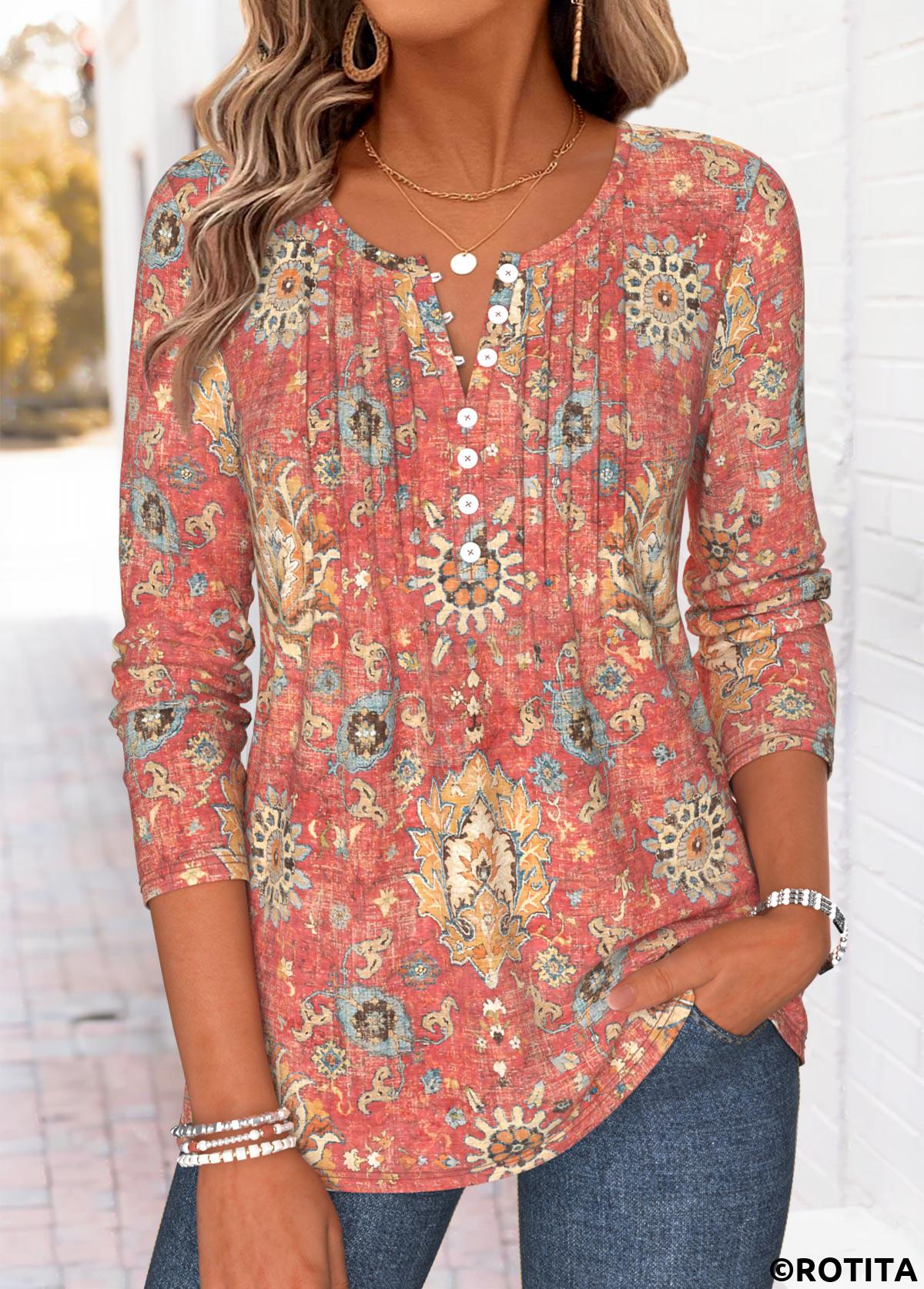 Red tops,Tribal tops,ROTITA Tuck Stitch Tribal Print Red Split Neck T Shirt