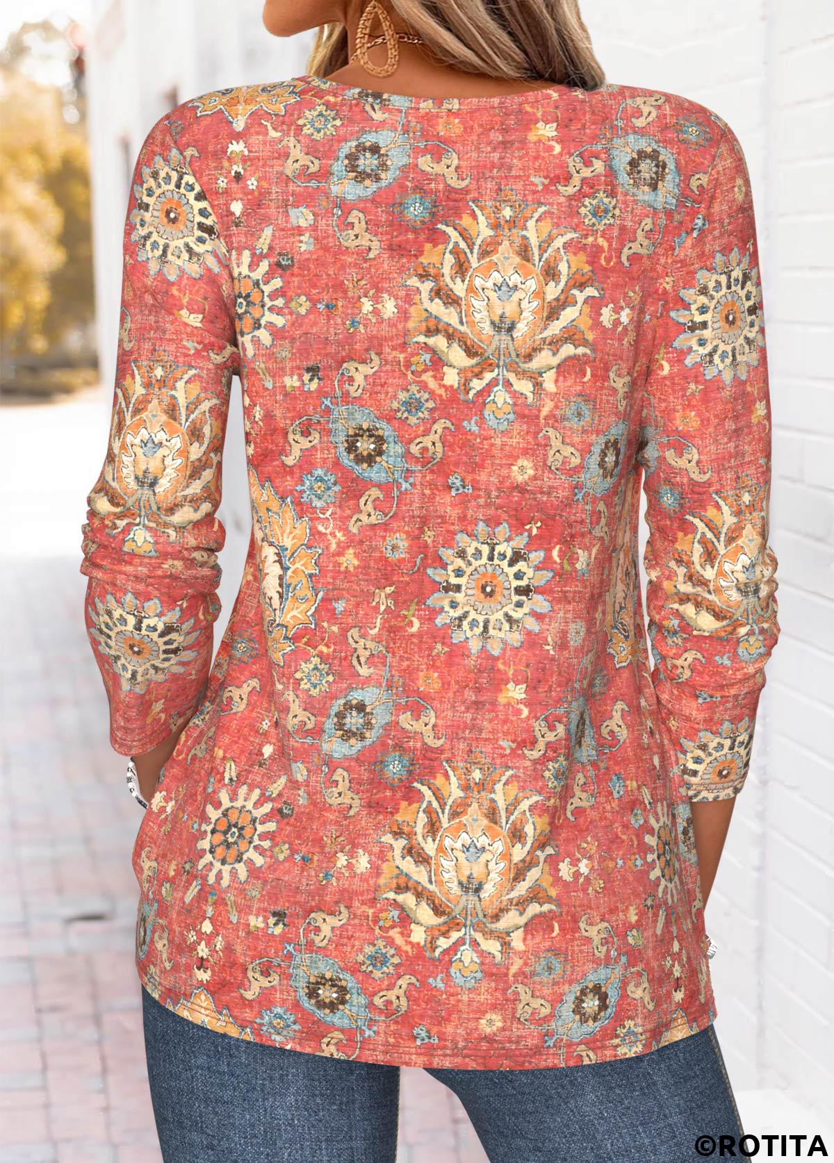 Red tops,Tribal tops,ROTITA Tuck Stitch Tribal Print Red Split Neck T Shirt